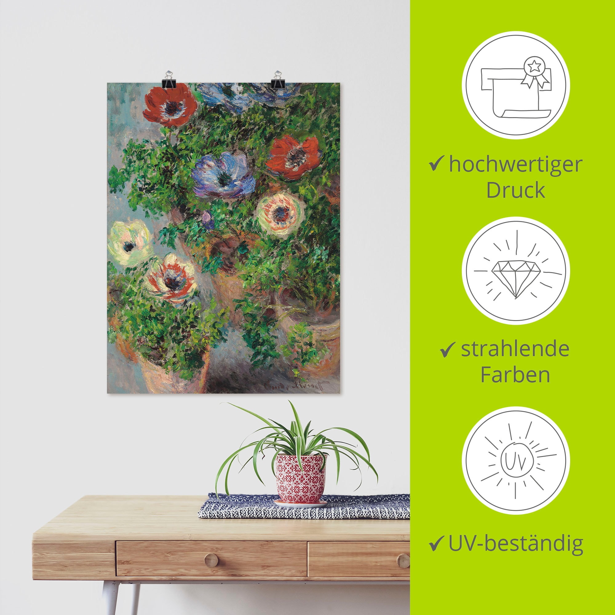 Artland Kunstdruck »Anemonen in einer Vase. 1885«, Blumen, (1 St.), als Leinwandbild, Wandaufkleber oder Poster in versch. Größen