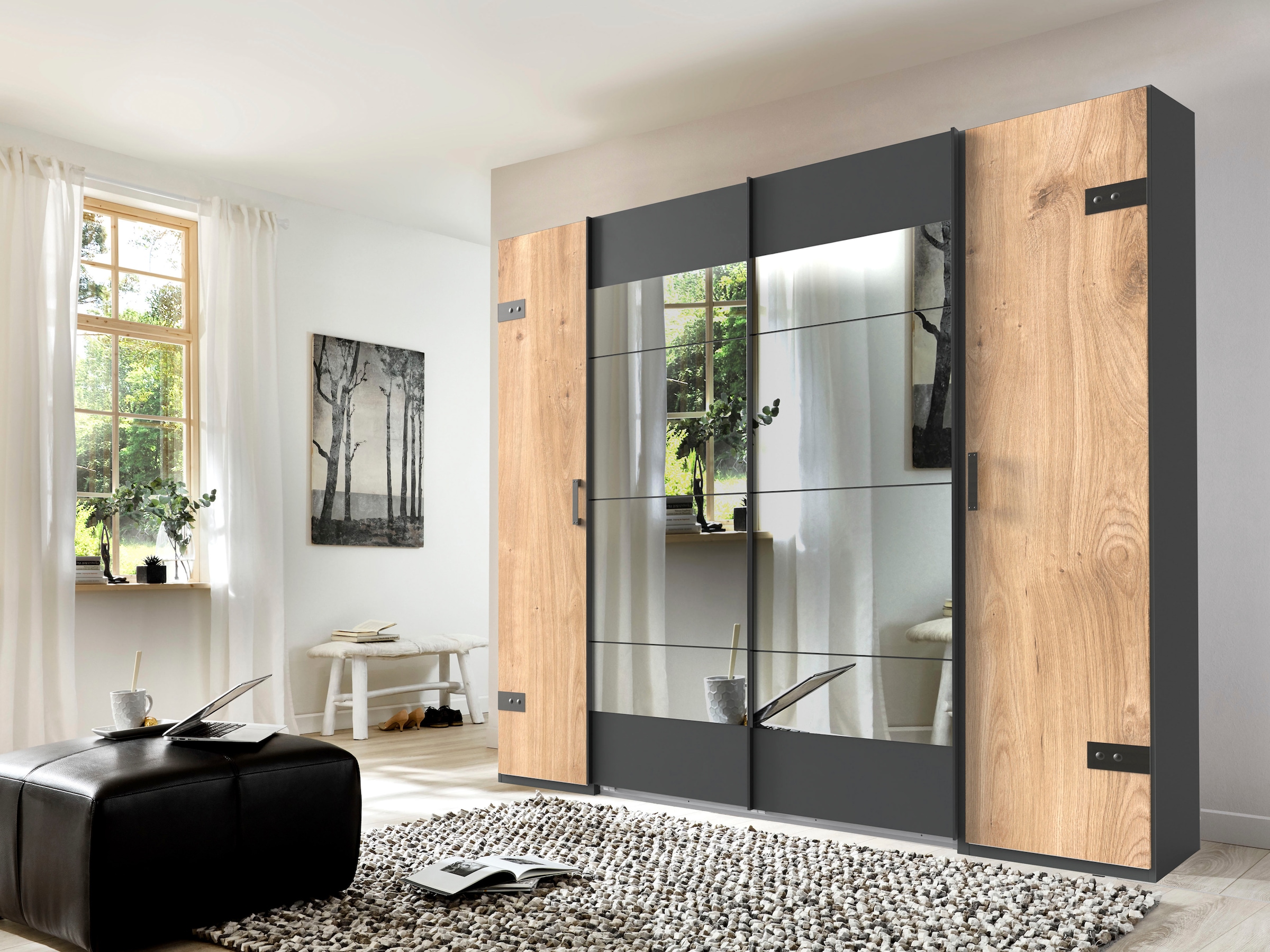 Wimex Schwebetürenschrank »Stockholm, Schlafzimmerschrank mit Industrial-Look, rustikale Optik«, Kleiderschrank mit Spiegel BESTSELLER Schrank Garderobe