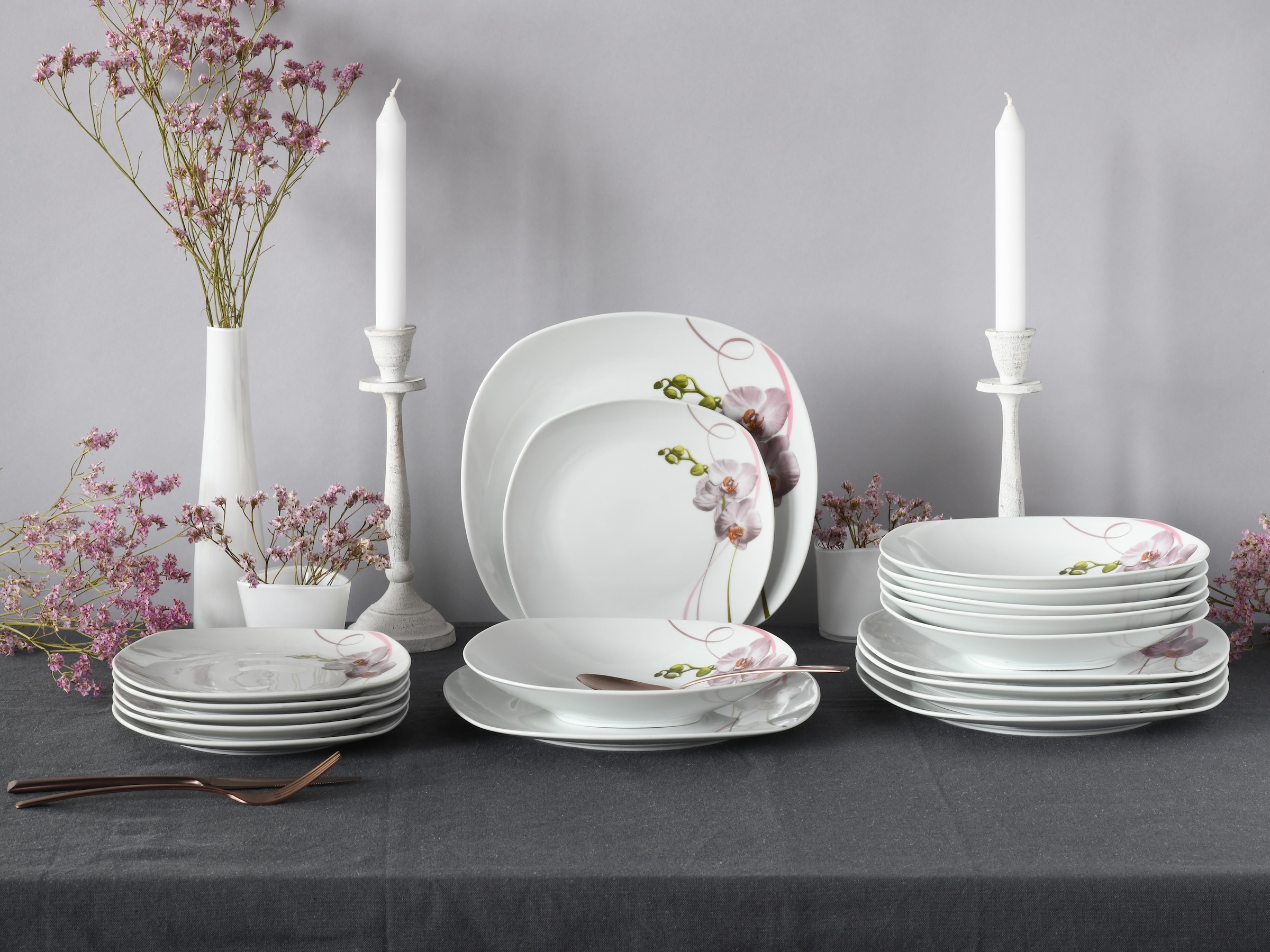 CreaTable Teller-Set »Square Orchidee, Tellerset 18-tlg«, (Set, 18 tlg.), Fotorealistische Darstellung