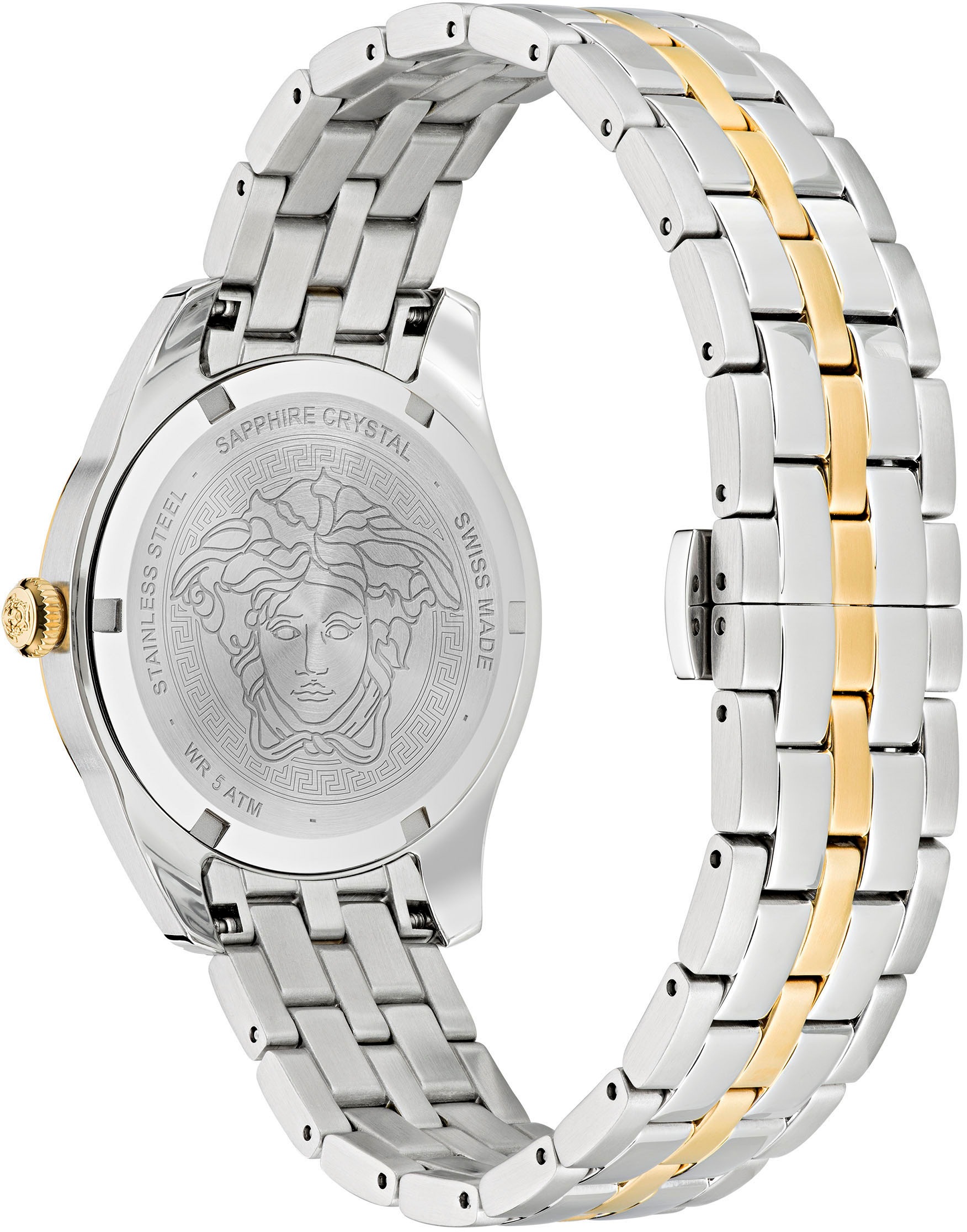 Versace Quarzuhr »GRECA TIME LADY 35 mm«, Armbanduhr, Damenuhr, Saphirglas, Swiss Made, bicolor, Leuchtzeiger
