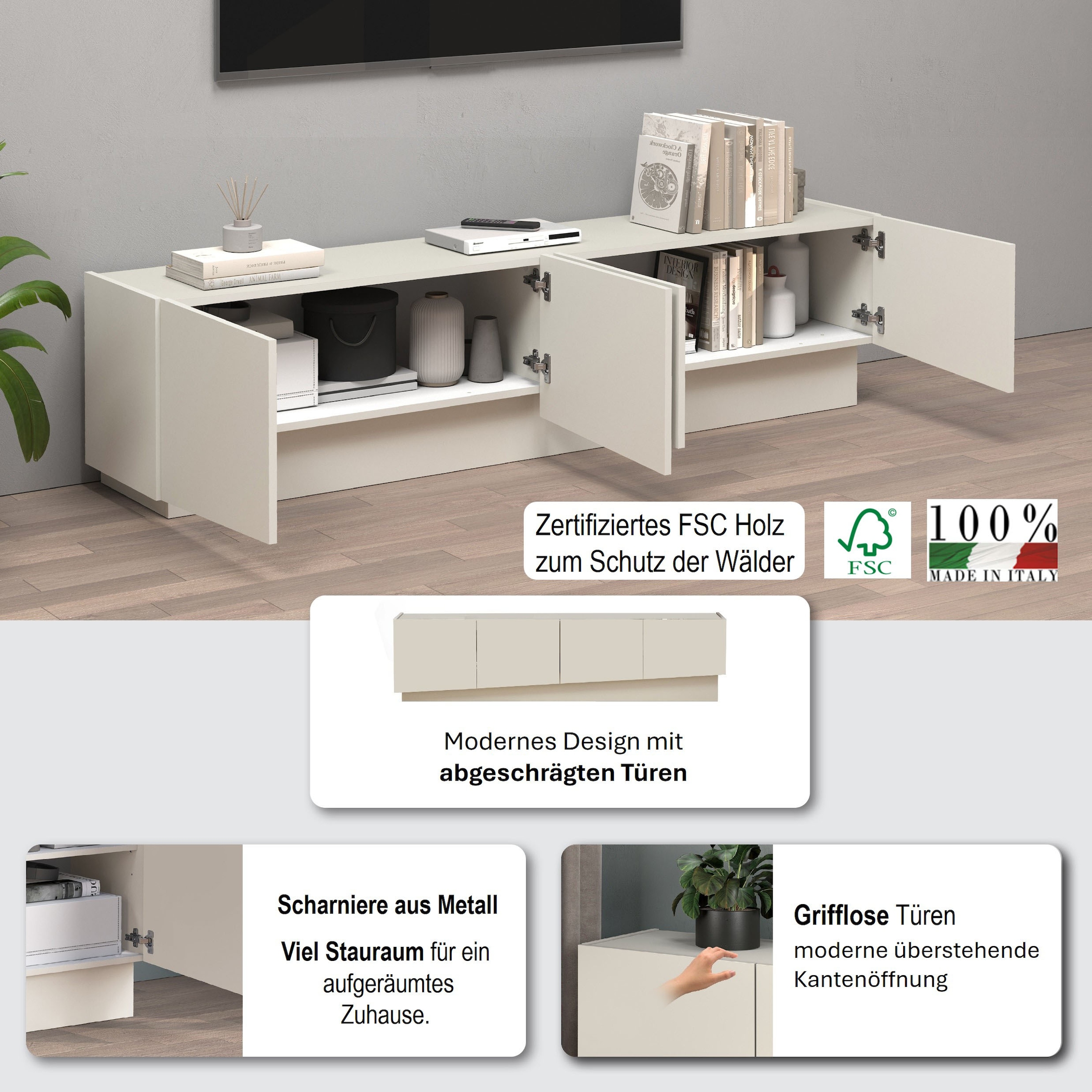 INOSIGN Lowboard »VELA, Lowboard, Breite 180 cm, Design mit schrägen Türen«, (1 St.), Made in Italy, Maße-B/T/H: 180x35x45, Lowboard, TV-Board, TV-Kommode
