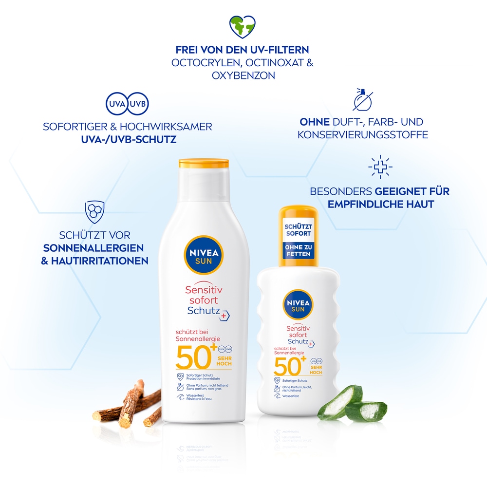 Nivea Sun Sonnenschutzspray »Sensitiv Spray  LSF50+ mit Kids To Go Größe Gratis« mit Aloe Vera & Antioxidantien, duftfrei, wasserfest