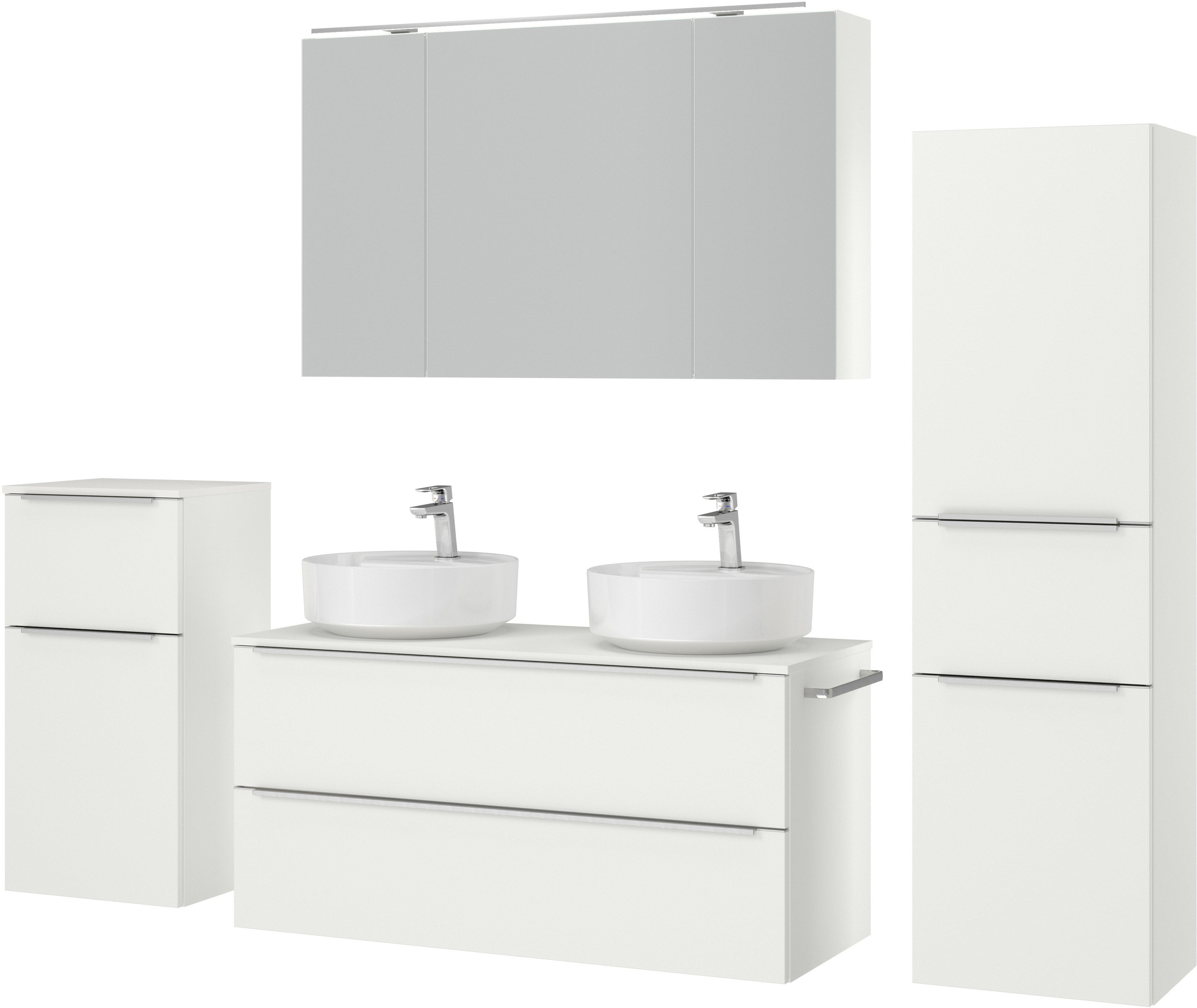 nobilia® Badmöbel-Set »Alvene«, (4 St., vormontiert, mit Soft-Close), inkl. Spiegelschrank mit Beleuchtung und Dimmerfunktion, in 4 Breiten
