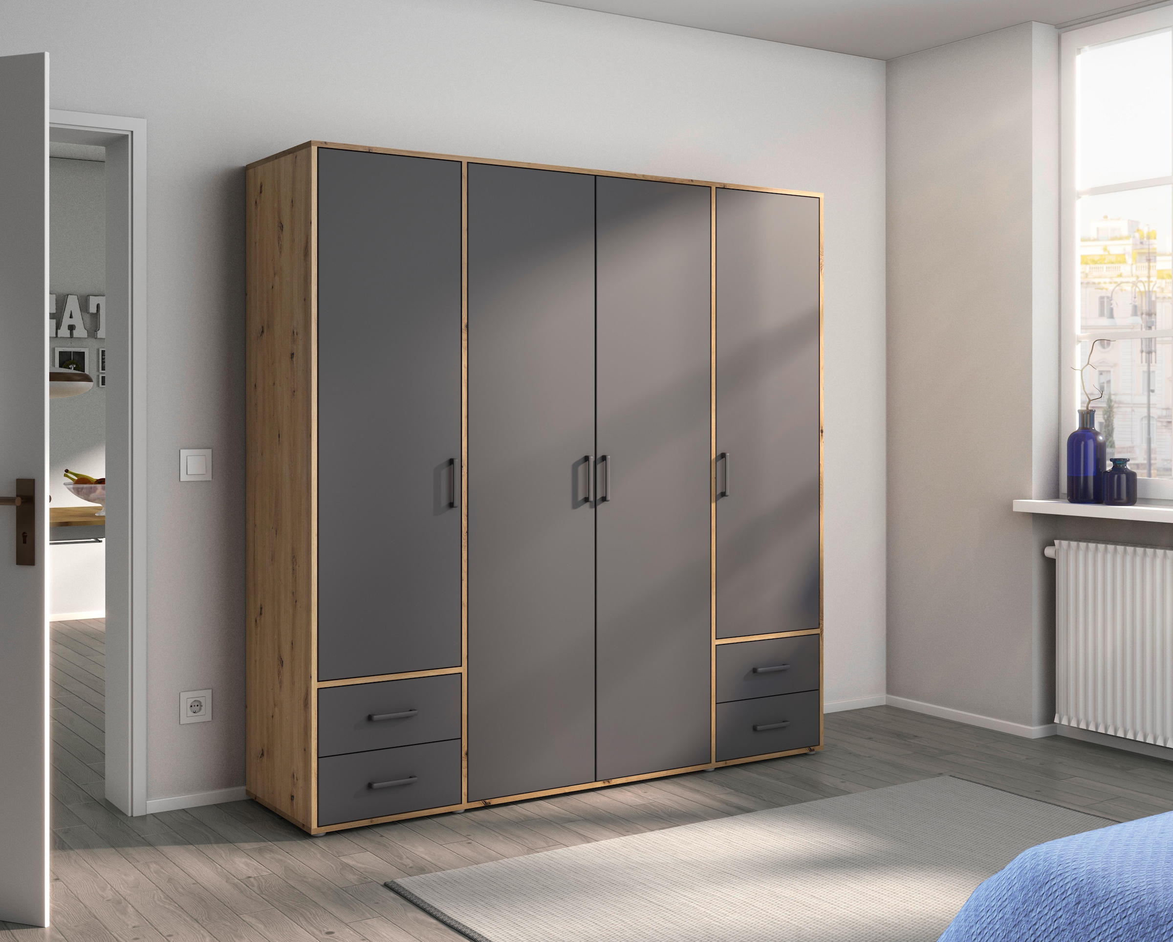 rauch Drehtürenschrank »Kleiderschrank Schrank Garderobe Wäscheschrank VOYAGER«, (in 3 verschiedenen Ausstattungen BASIC/CLASSIC/PREMIUM), moderne Griffe in Graumetallic mit Außenschubkästen MADE IN GERMANY