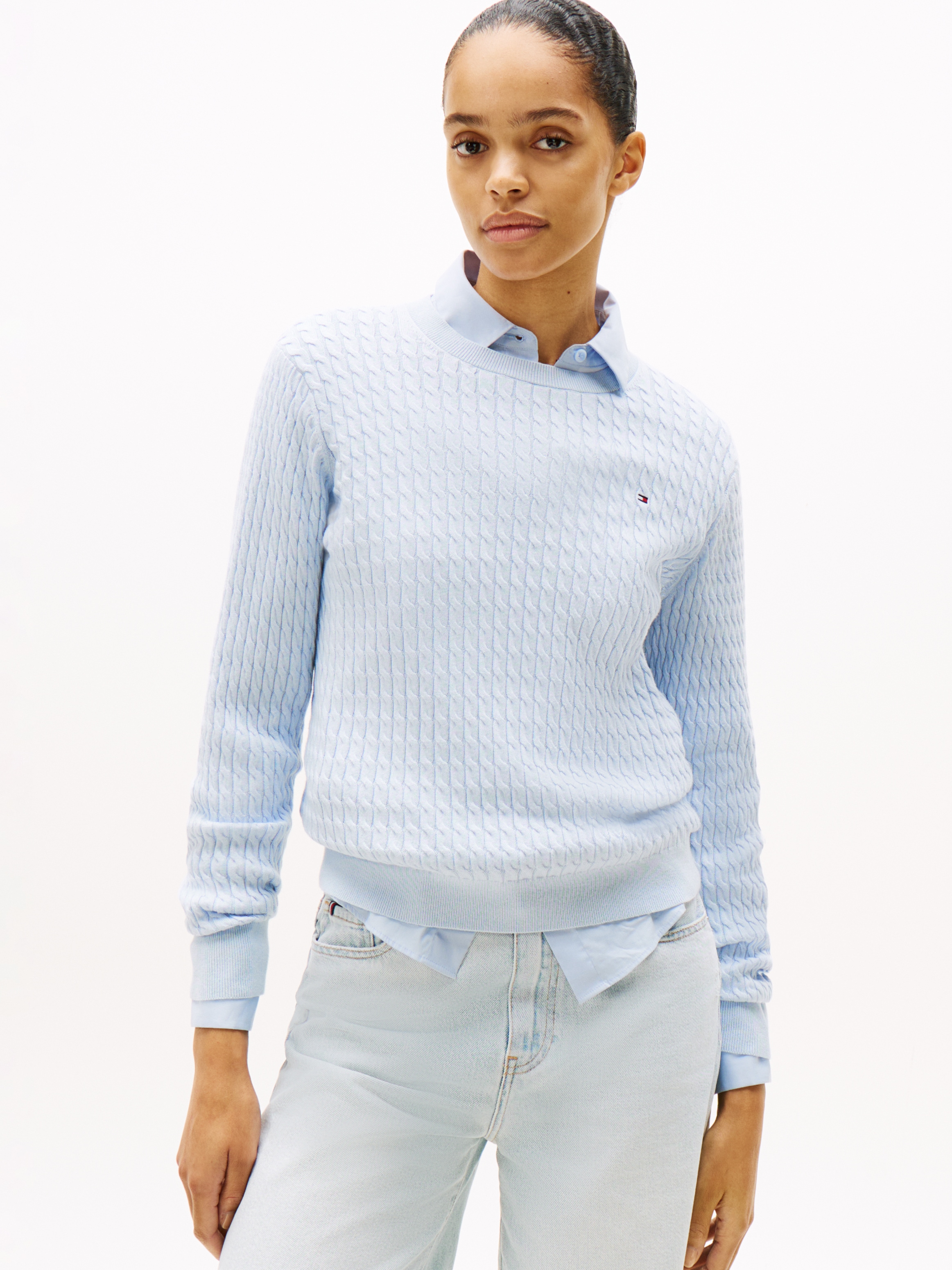 Tommy Hilfiger Rundhalspullover »CO CABLE C-NK LS SWEATER« Baumwolle, mit Zopfmuster, Regular Fit