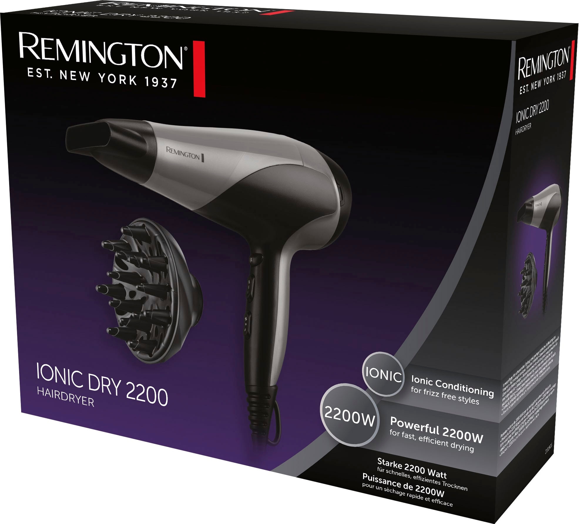 Remington Ionic-Haartrockner »Ionic Dry 2200 D3190S«, 2200 W, 2 Aufsätze, Schnelles, effizientes Styling, Ionenpflege, Stylingdüse & Diffusor