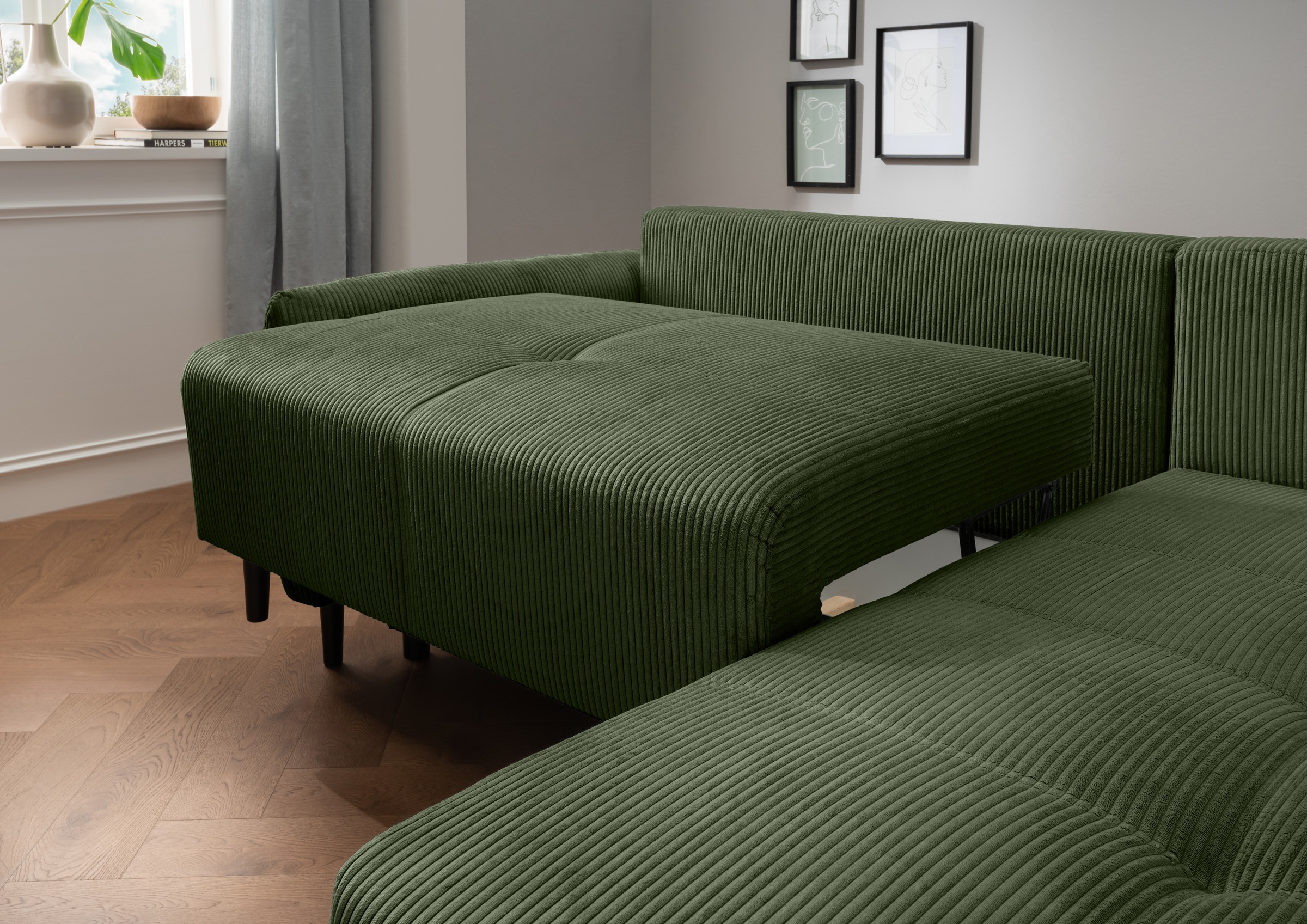 INOSIGN Ecksofa »Mara, L-Form, aktueller Cord Bezug und tolle Farben, schmale Armlehnen«, whlw. mit Bettfunktion,Recamiere links/rechts montierbar, Breite 238cm