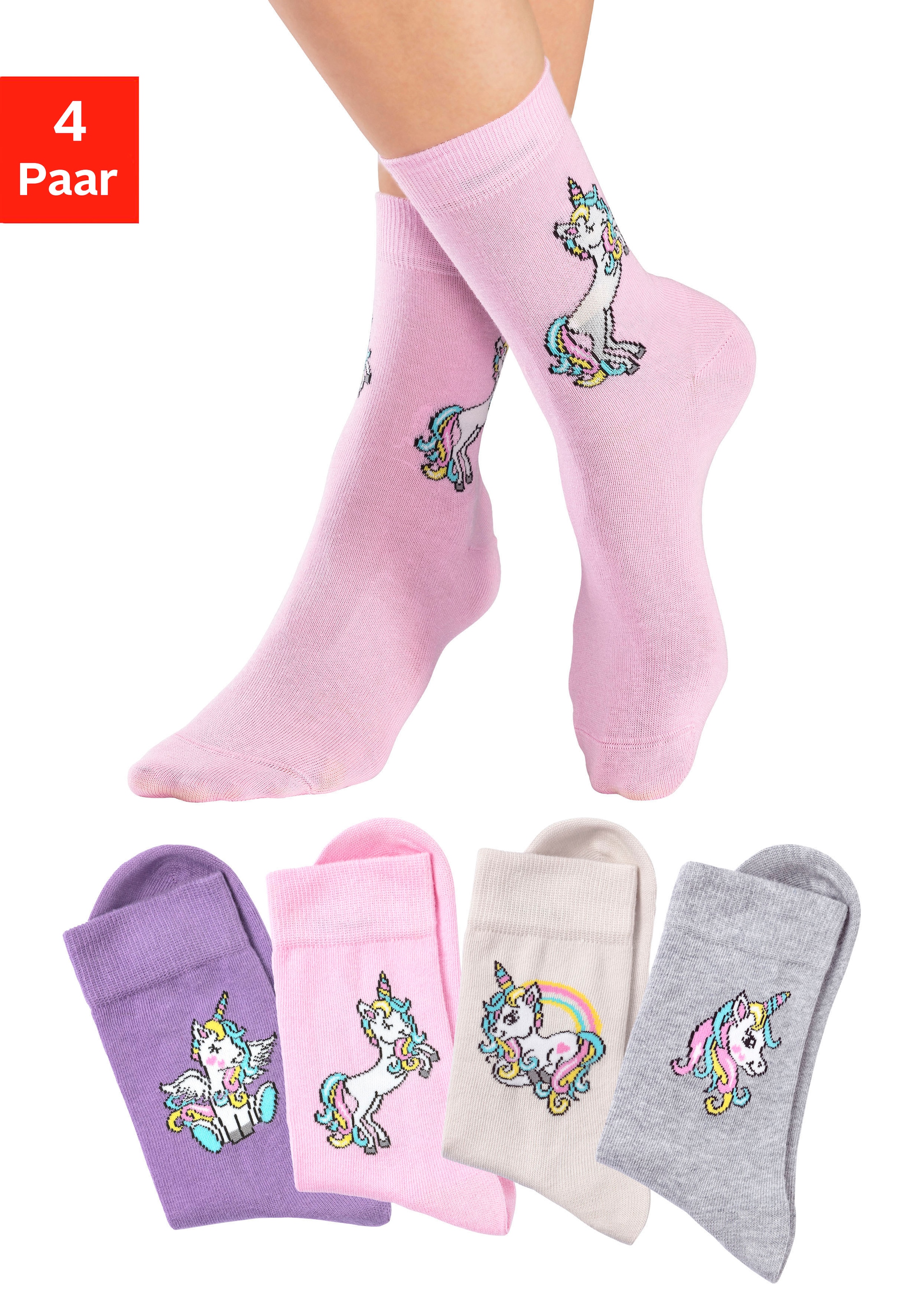 H.I.S Basicsocken, (Packung, 4 Paar), mit Einhorn Motiven