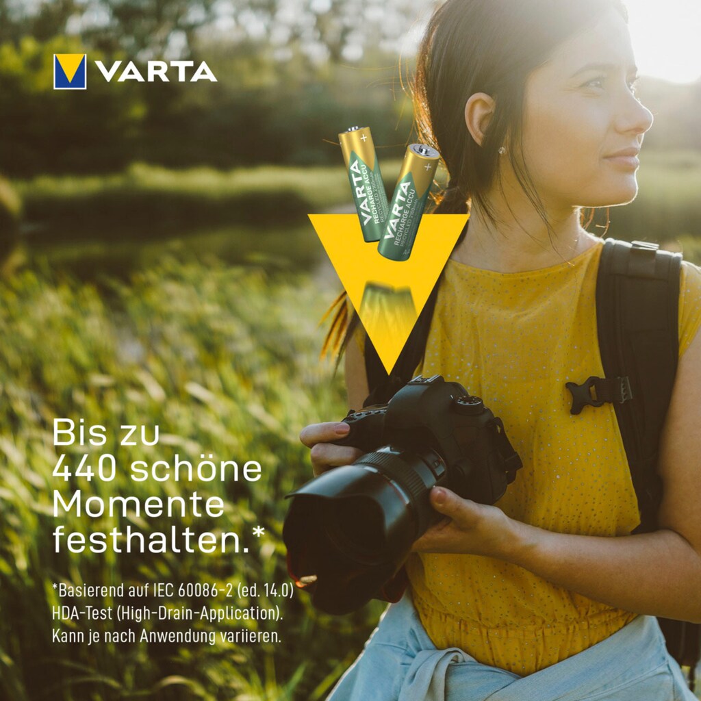 VARTA wiederaufladbare Batterien »wiederaufladbare Akkus«, 1,2 V, (Packung, 4 St.), VARTA Recharge Accu Recycled, Ready-To-Use vorgeladener AA Micro Ni-MH Akku (4er Pack, 2100mAh) - aus 11% recyceltem Material - wiederaufladbar ohne Memory Effekt