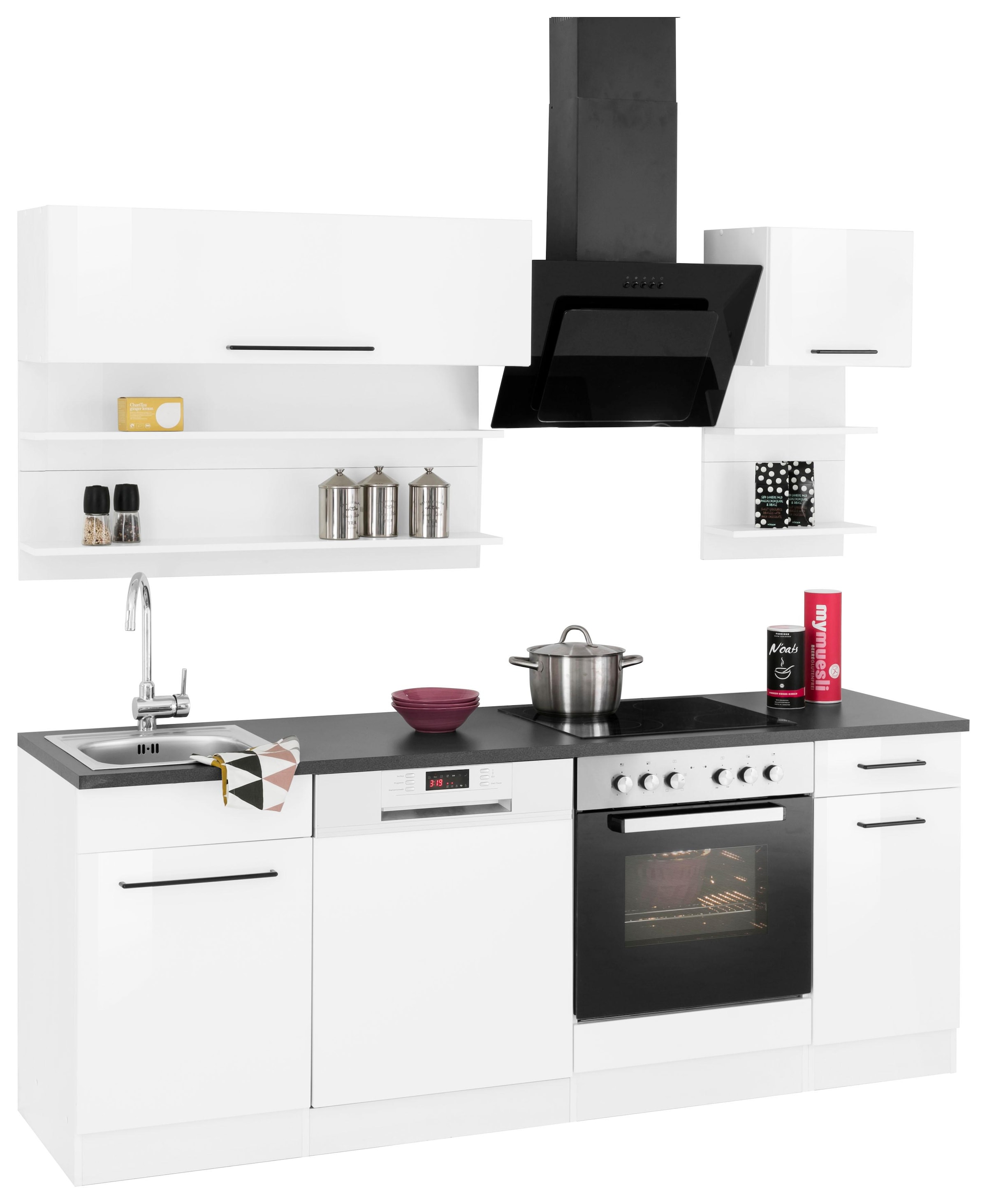 Küchenzeile »Tulsa«, mit E-Geräten, Breite 210 cm, schwarze Metallgriffe, MDF Fronten