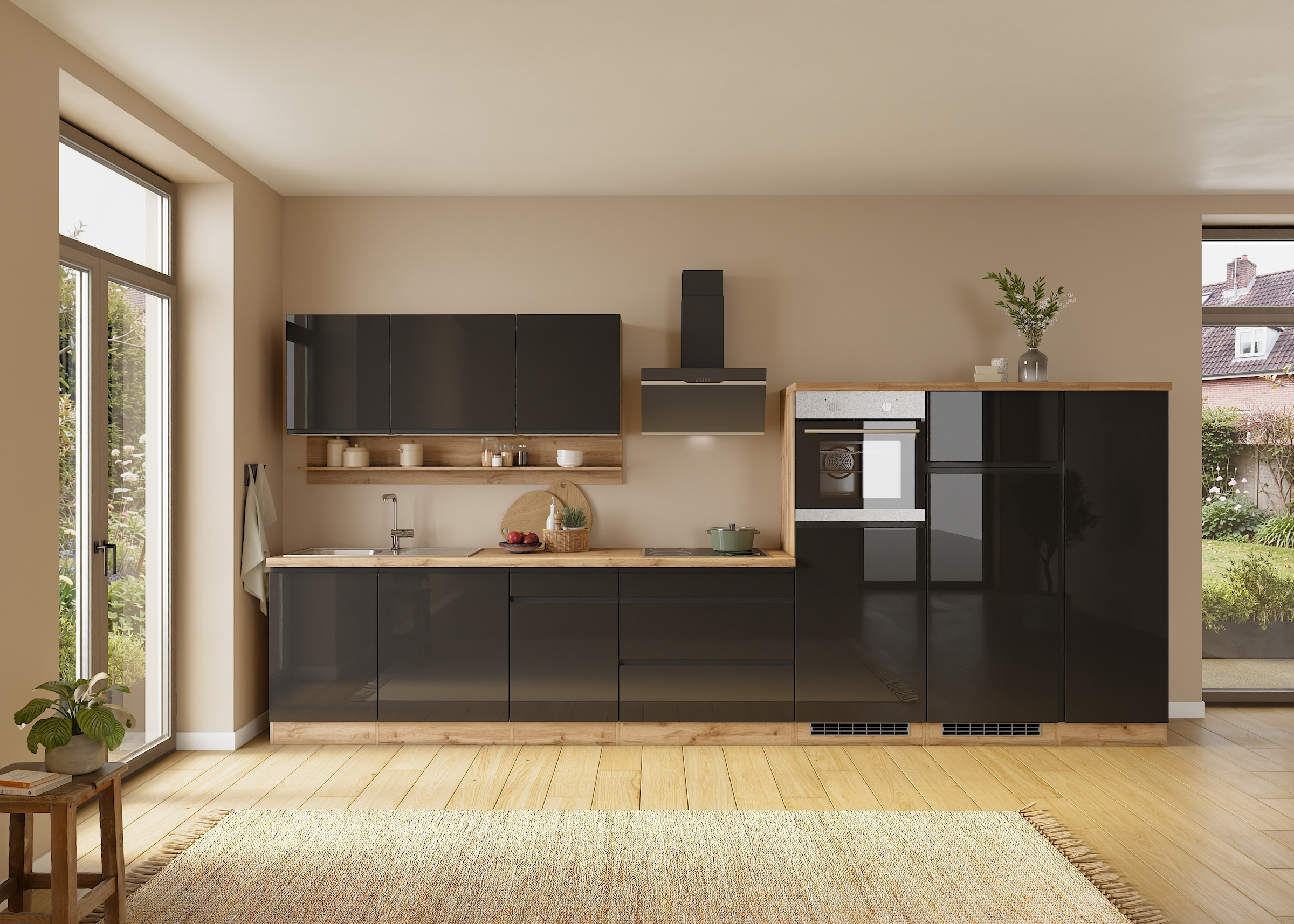 KOCHSTATION Küchenzeile »KS-Virginia,neu in verbesserter Ausführung« Arbeitsplatte 38 mm stark, Stauraum, Softclose,  Breite 410 cm, Softclose, wahlweise mit E-Geräten und Induktion