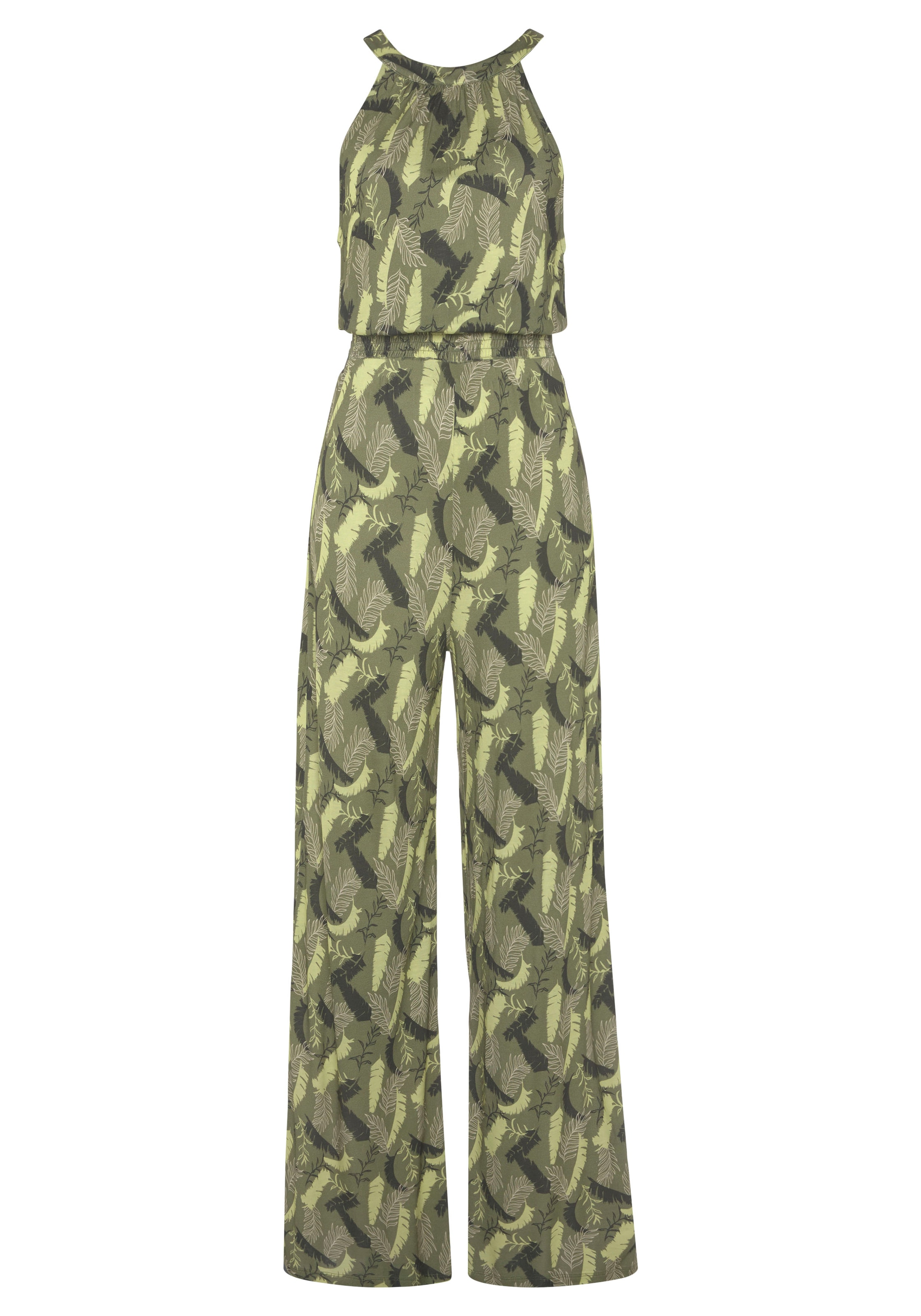 s.Oliver Overall, mit Blätterdruck und breitem Smokeinsatz, sommerlicher Jumpsuit