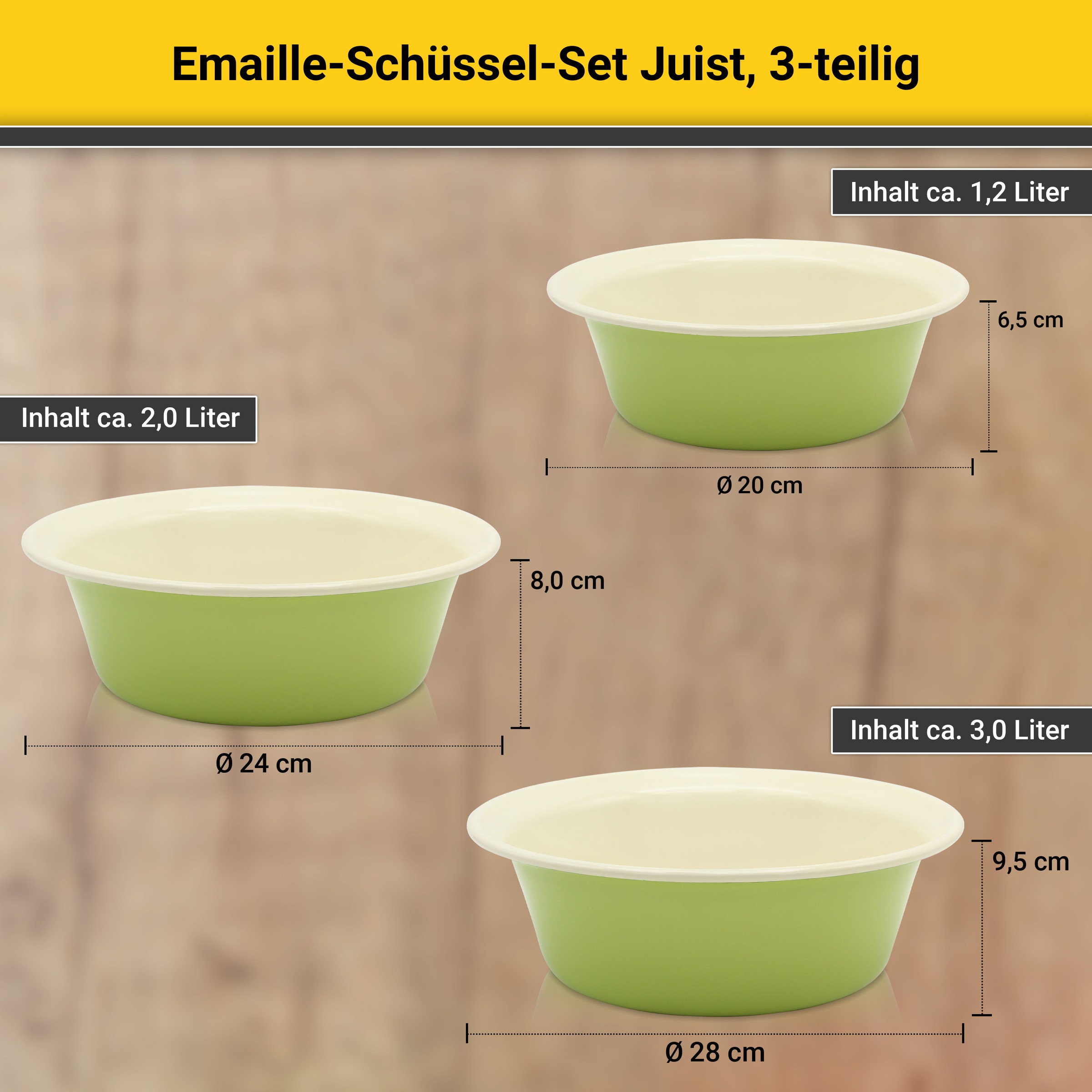 Krüger Schüssel »Emaille Schüssel-Set Juist, 3 tlg. (Ø 20, Ø 24 und Ø 28 cm)« 3 Stk. aus Emaille emailliert, geruchsneutral, geschmacksneutral, kratzfest, schnittfest