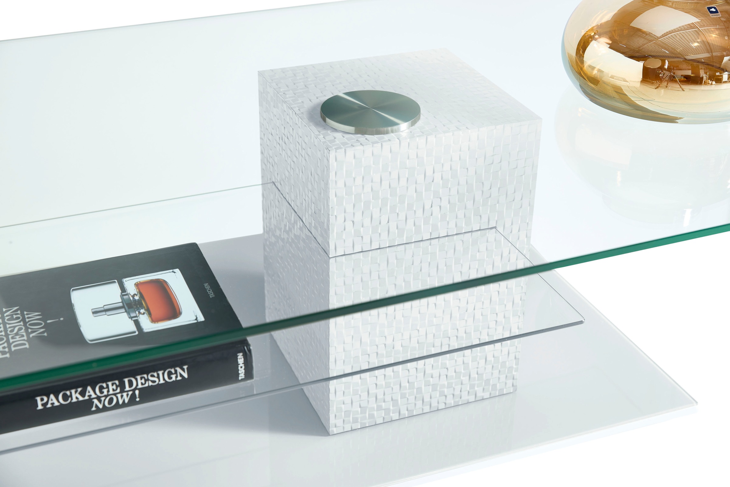 LEONARDO Couchtisch »AUREA« mit Pailletten-Akzent an der Säule, mit Tischplatte und Ablageplatte Lack weiß/Paillette weiß + Klarglas