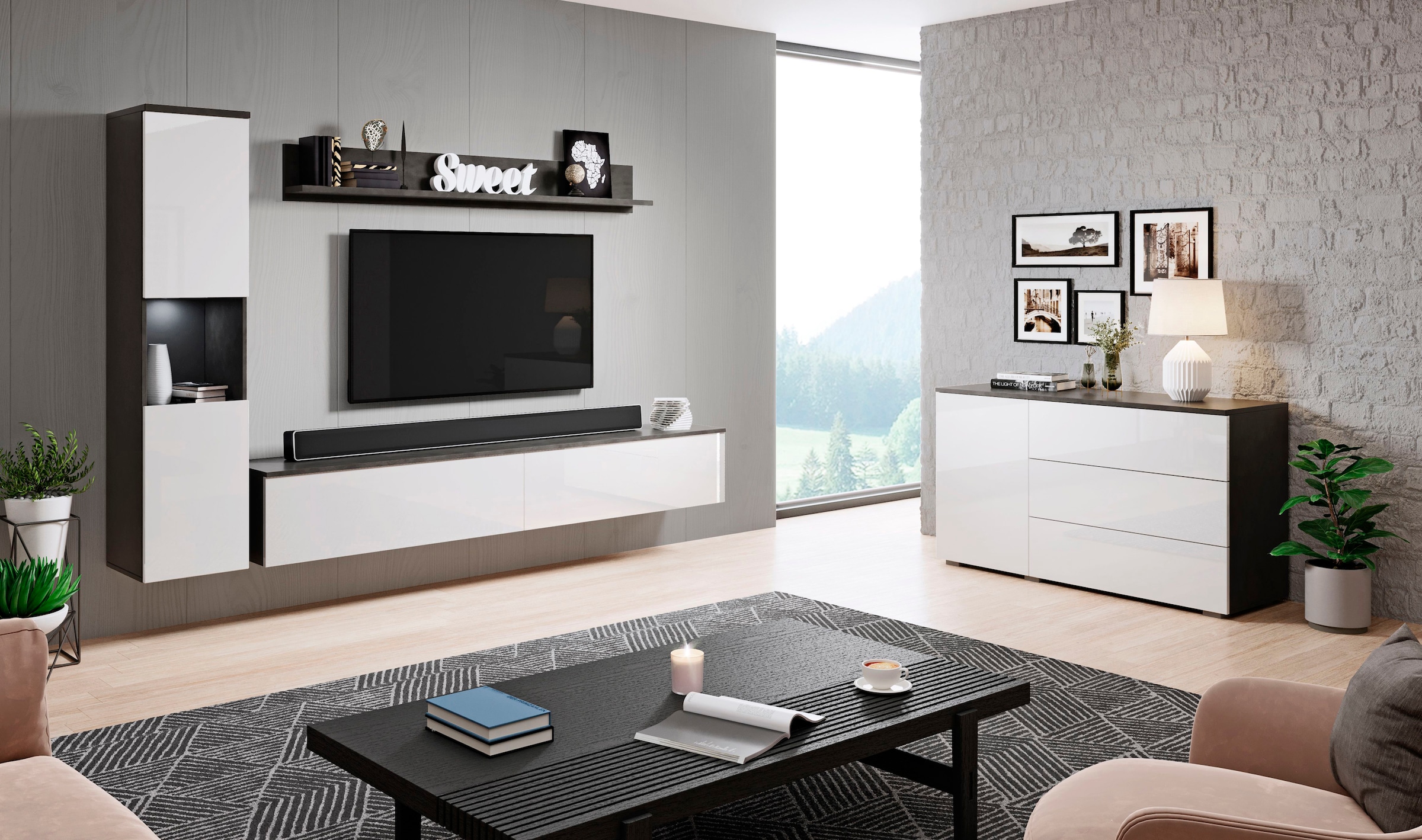 INOSIGN Wohnwand »PARIS«, (Komplett-Set, 3 St.), TV-Wand 220cm breite, grifflose Design, stehend und hängend montierbar