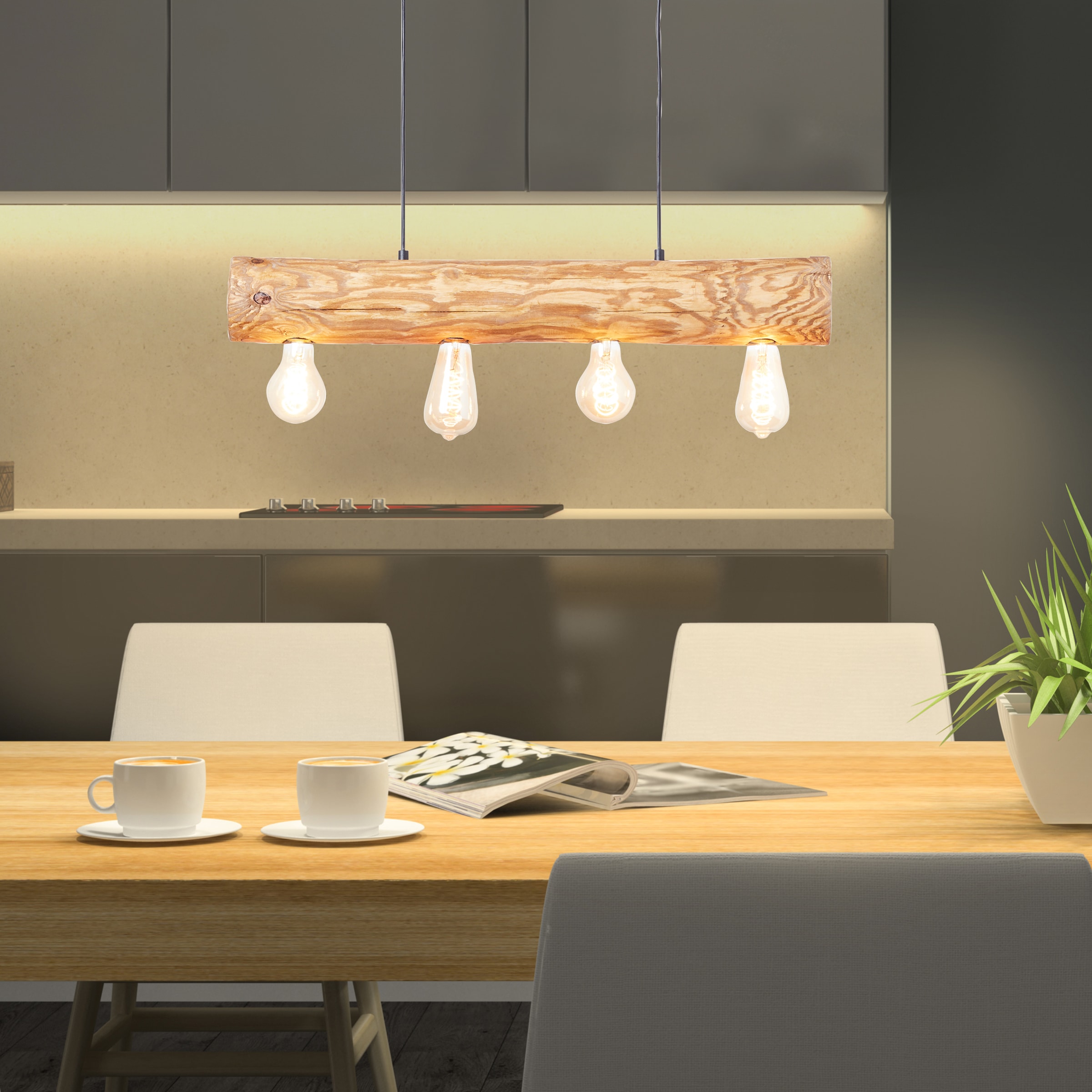 Brilliant Pendelleuchte »Trabo«, 4 flammig, Leuchtmittel E27 | ohne Leuchtmittel, 105cm Höhe, 70cm Breite, 4 x E27, kürzbar, Holz/Metall, kiefer gebeizt