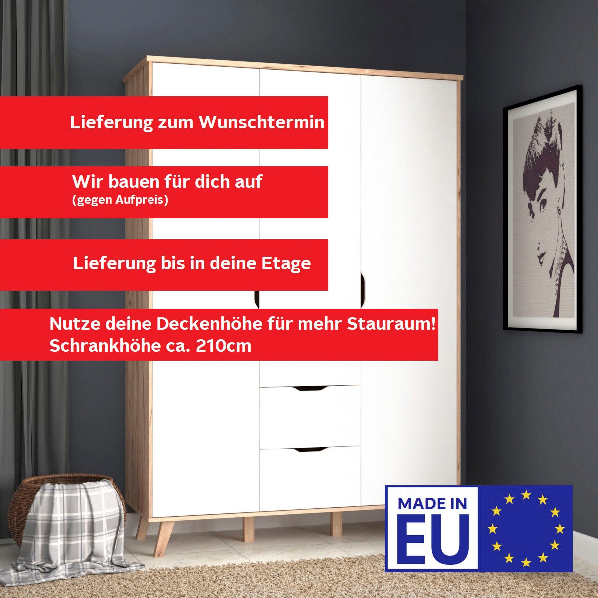 FORTE Drehtürenschrank »Vankka, Kleiderschrank, viel Stauraum,«, (B/H/T ca.140x200x52cm), Made in Europe,mit Einlegeböden+Kleiderstange+Schubladen,grifflos