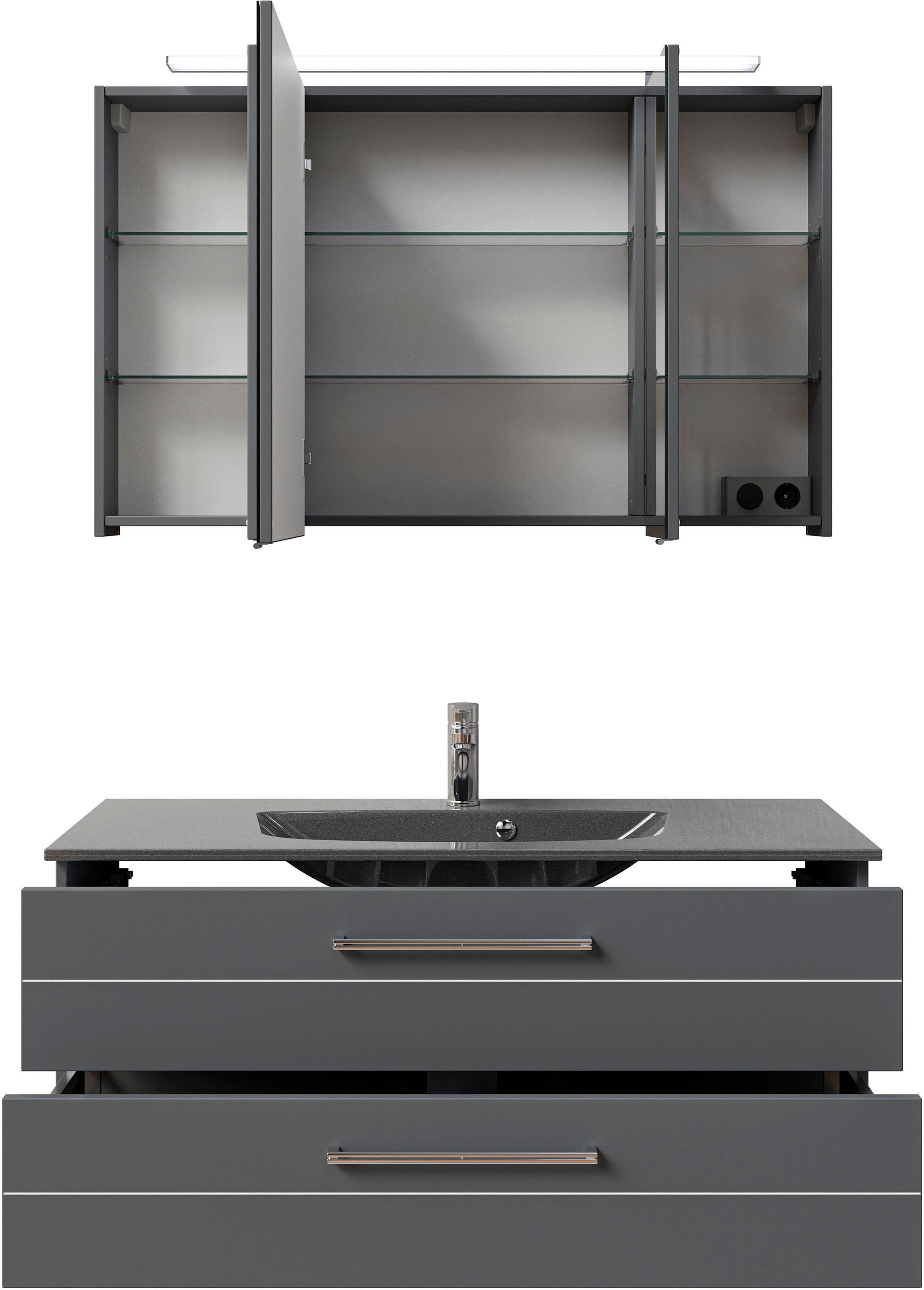 Saphir Badmöbel-Set »Serie 6025 2-teilig Mineralmarmor-Waschtisch mit LED-Spiegelschrank«, (2 St.), Waschplatz 117cm breit, 2 Schubladen, 3 Spiegel-Türen, inkl Türdämpfer