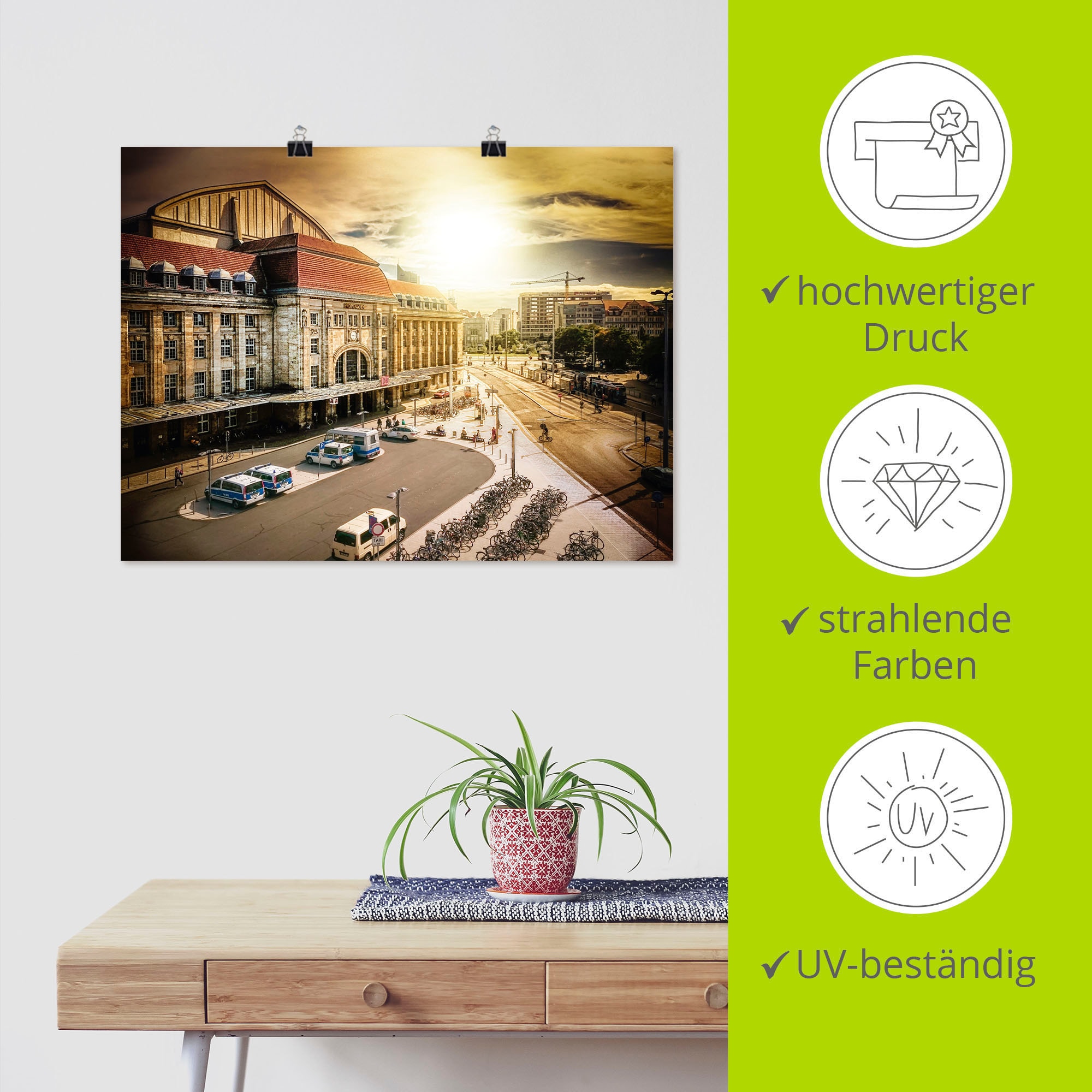 Artland Wandbild »Hauptbahnhof Leipzig im Sonnenuntergang«, Gebäude, (1 St.), als Alubild, Leinwandbild, Wandaufkleber oder Poster in versch. Größen