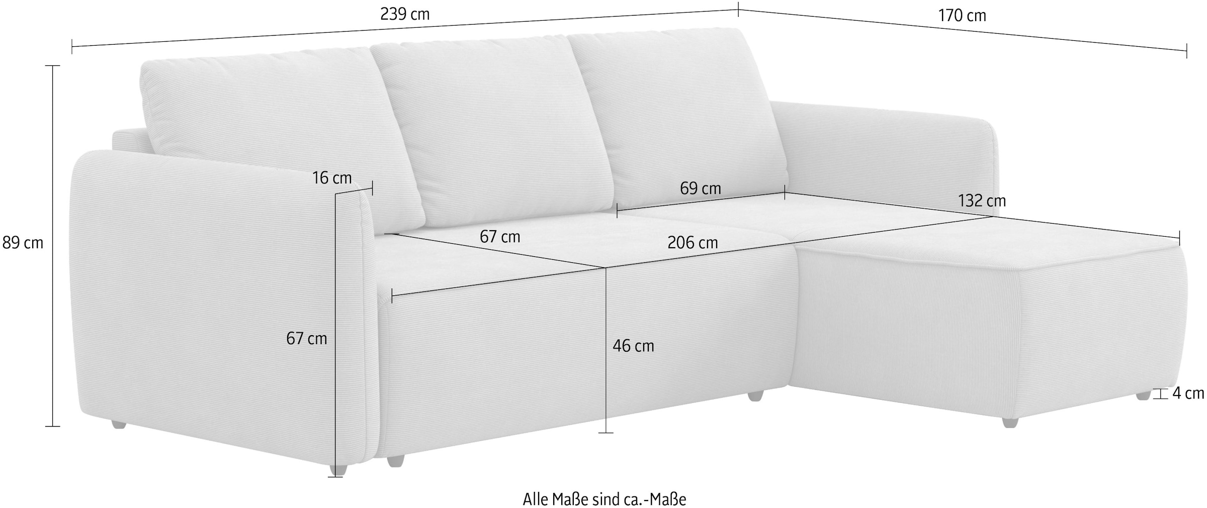 COTTA Ecksofa »Flow, bequem, L-Form, Breite 239 cm, schmale Armlehnen« wahlweise mit Bettfunktion