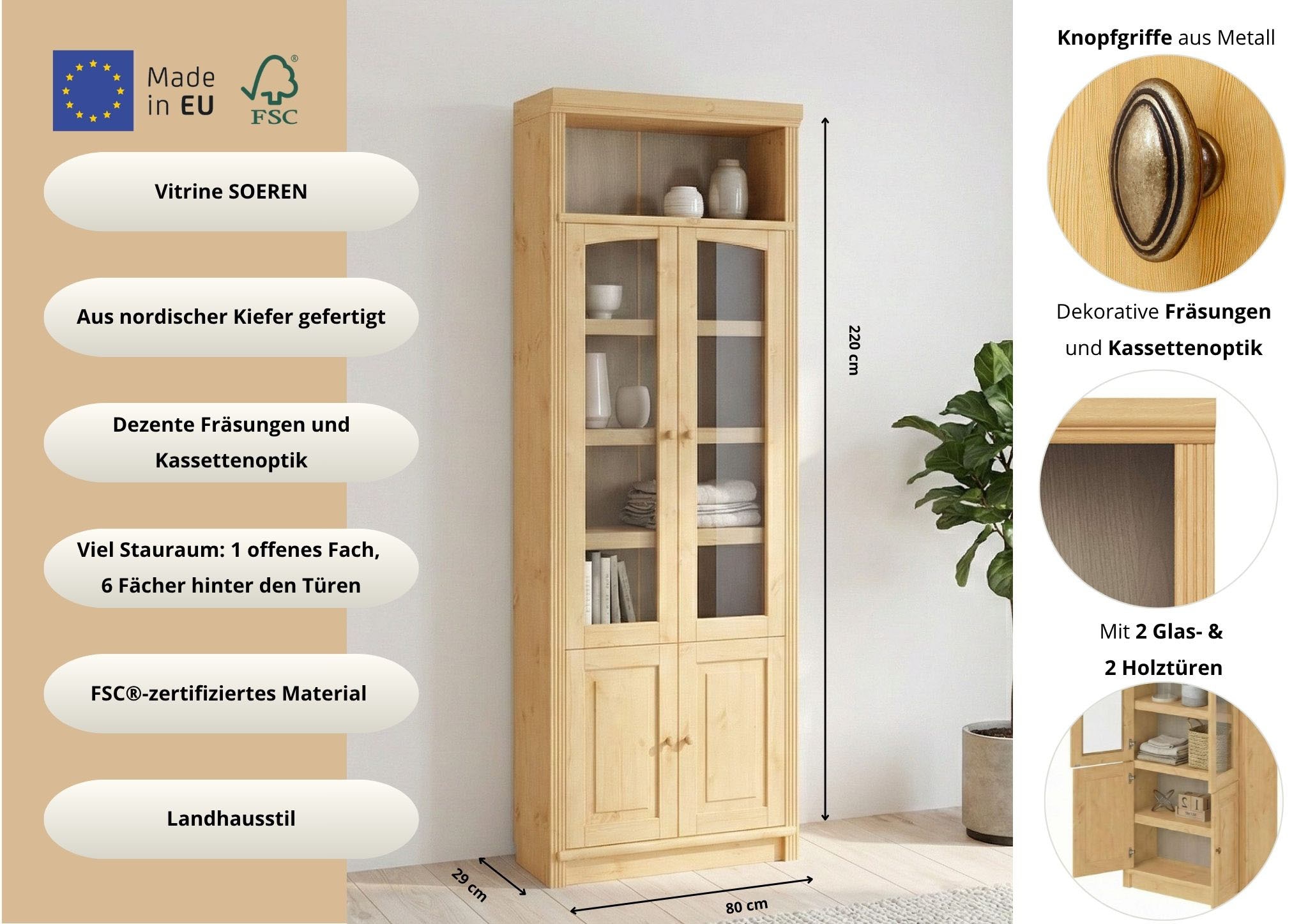 OTTO home Vitrine »Soeren Regal mit 2 Glastüren und 2 Holztüren, B/TH: 80/29/220 cm« Kiefer FSC®-zertifiziert, 1 offenes Fach, 6 Fächer hinter den Türen