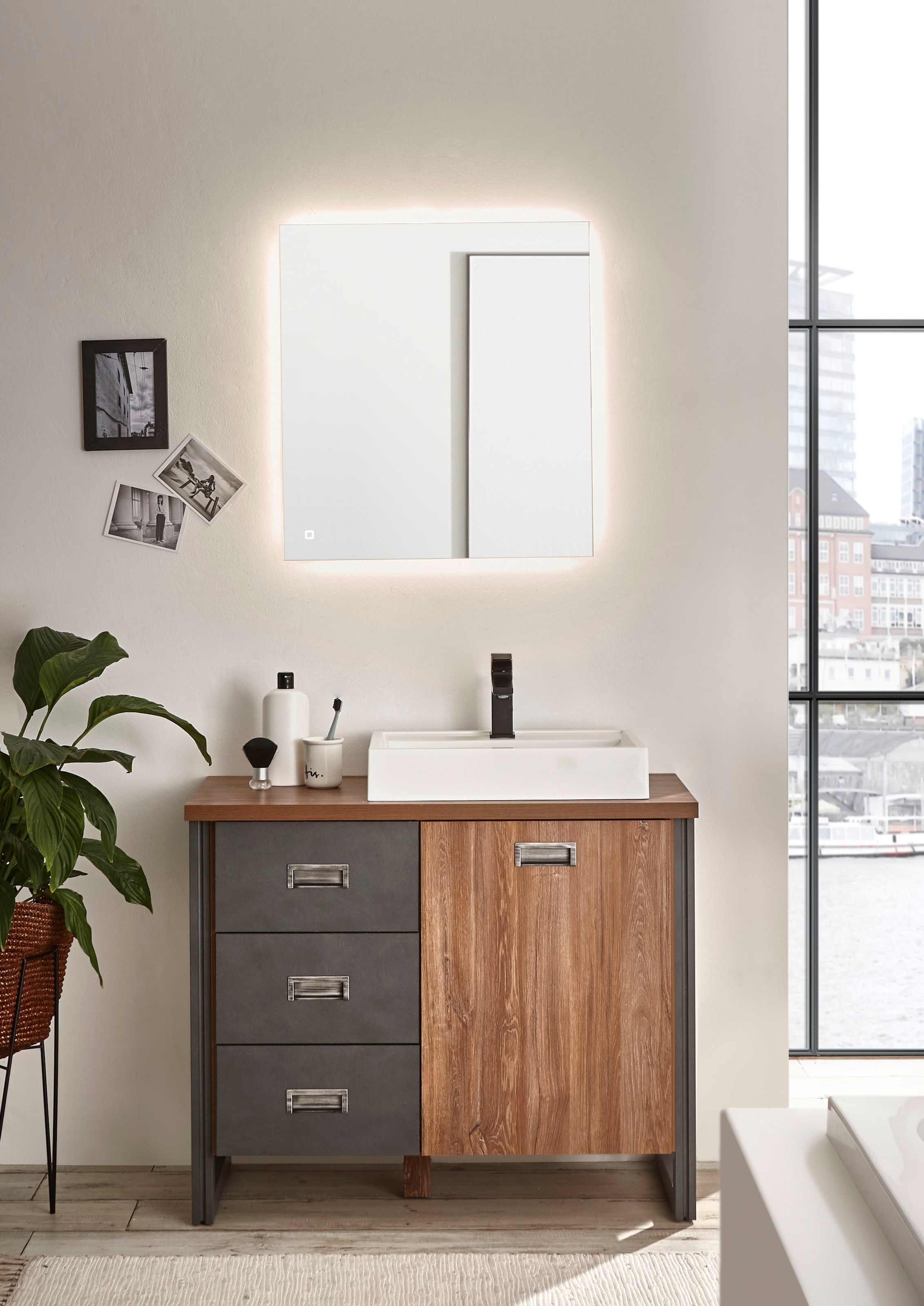 Home affaire Badmöbel-Set »Detroit, Bad im Industrialdesign, inkl. LED, 2-teiliges Badezimmer«, (2 St.), Waschtisch und Spiegel, inkl. Aufsatzwaschbecken aus Mineralguss