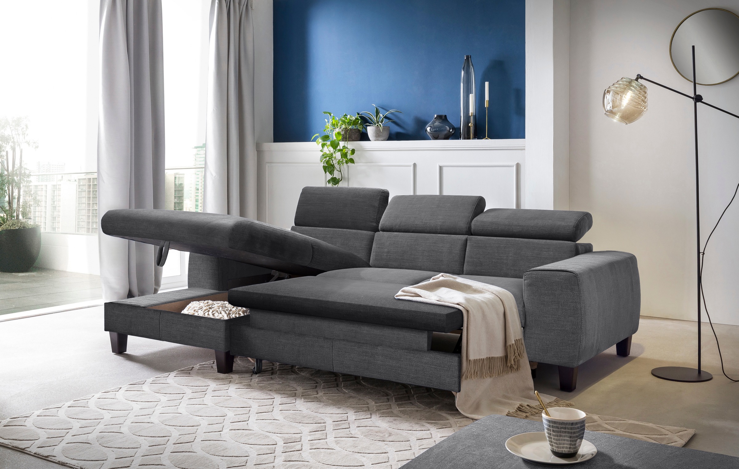 COTTA Ecksofa »Morven L-Form mit Kopfteilverstellung«, wahlweise mit Bettfunktion, Bettkasten & Wireless-Charger