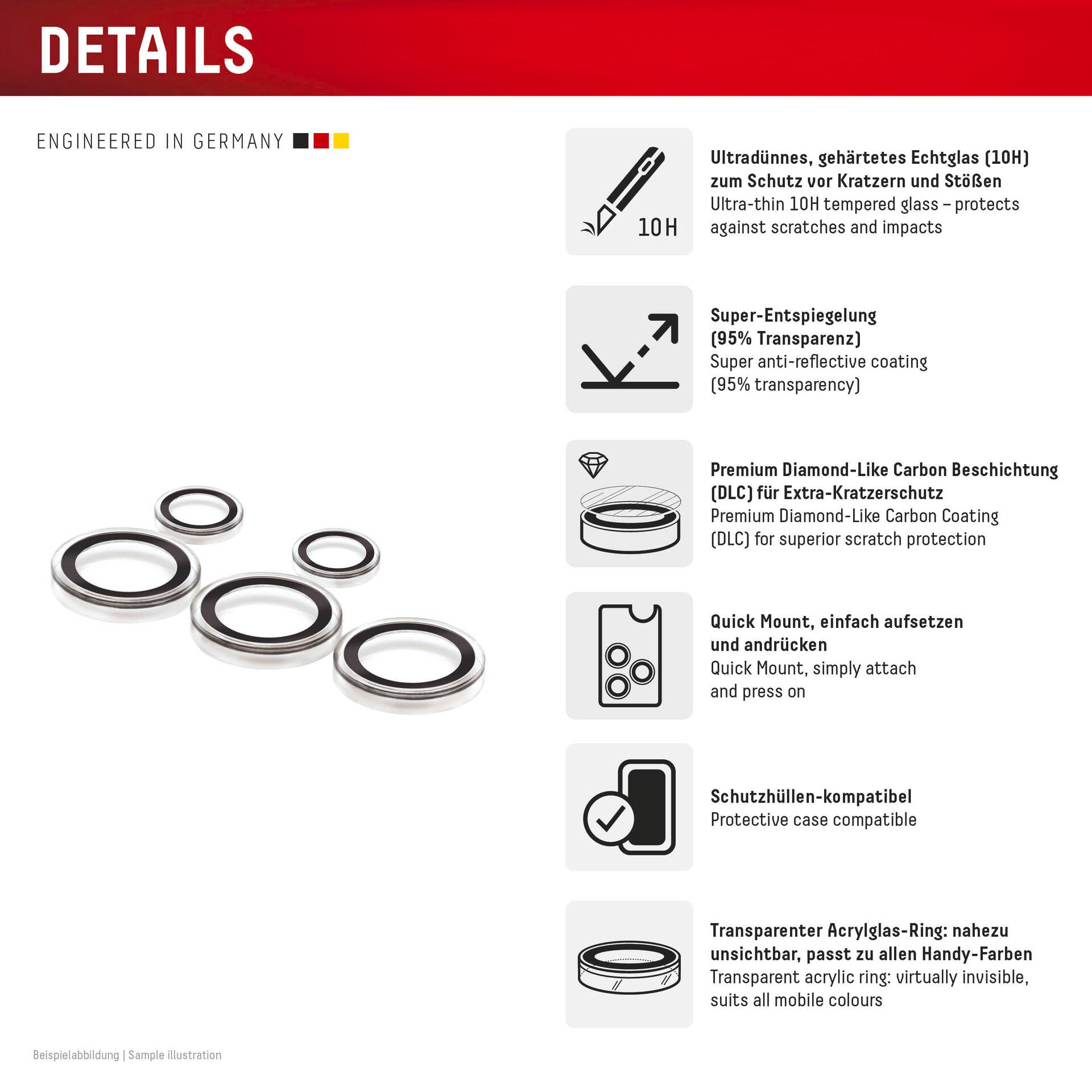 Displex Kameraschutzglas »Camera Lens Glass Single Glass Ring Protector« für Samsung Galaxy S25 Ultra Packung, 2x Einzellinsen-Schutzringe,  Objektivschutz, Kameraschutz, kratz- & stoßfest