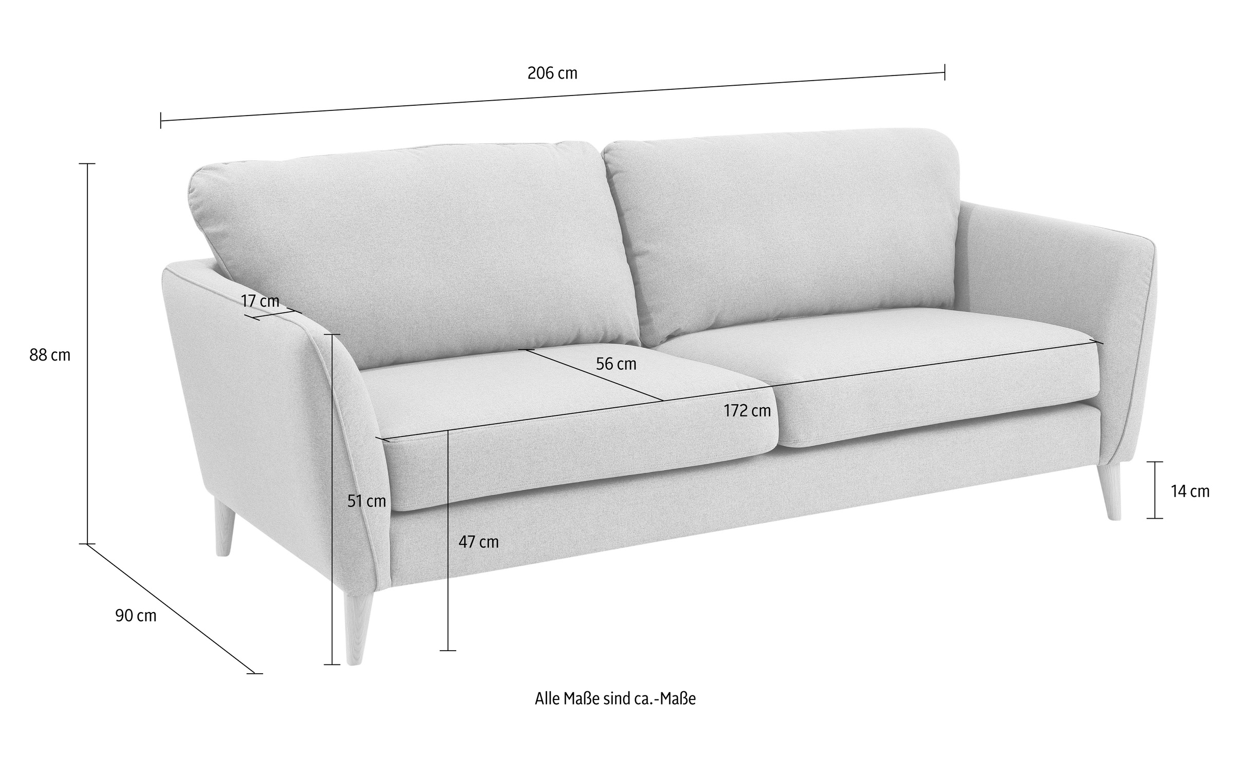 Home affaire 3-Sitzer »MARSEILLE Sofa 206 cm«, mit Massivholzbeinen aus Eiche, verschiedene Bezüge und Farbvarianten