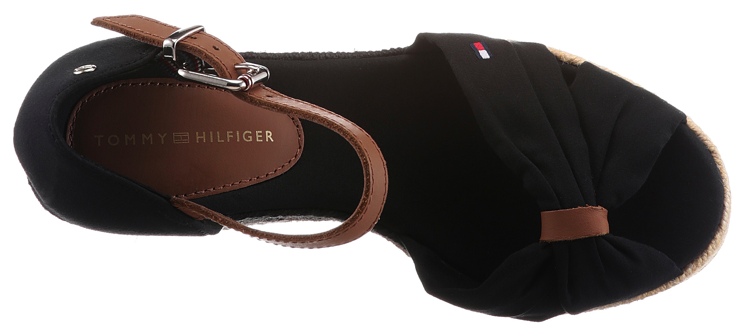 Tommy Hilfiger High-Heel-Sandalette »BASIC OPENED TOE HIGH WEDGE«, Sommerschuh, Sandale, Keilabsatz, mit dezenter Flagstickerei