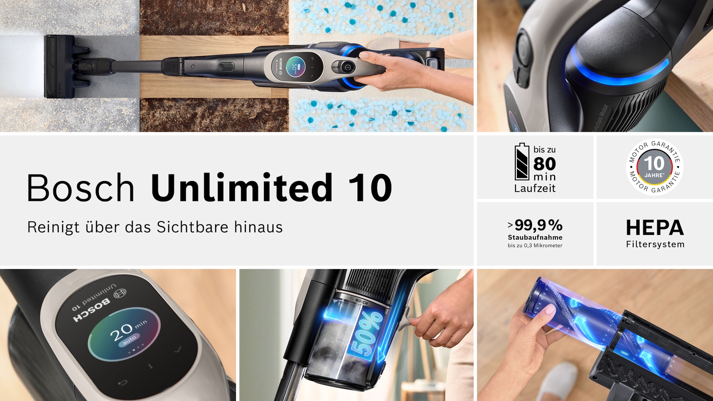 BOSCH Akku-Stielstaubsauger »Unlimited 10 BKS1051GQC, MicroClean™ Technology, Display, Knickrohr«, HEPA-Filtersystem, 10 Jahre Motorgarantie, Schnellladegerät, grau