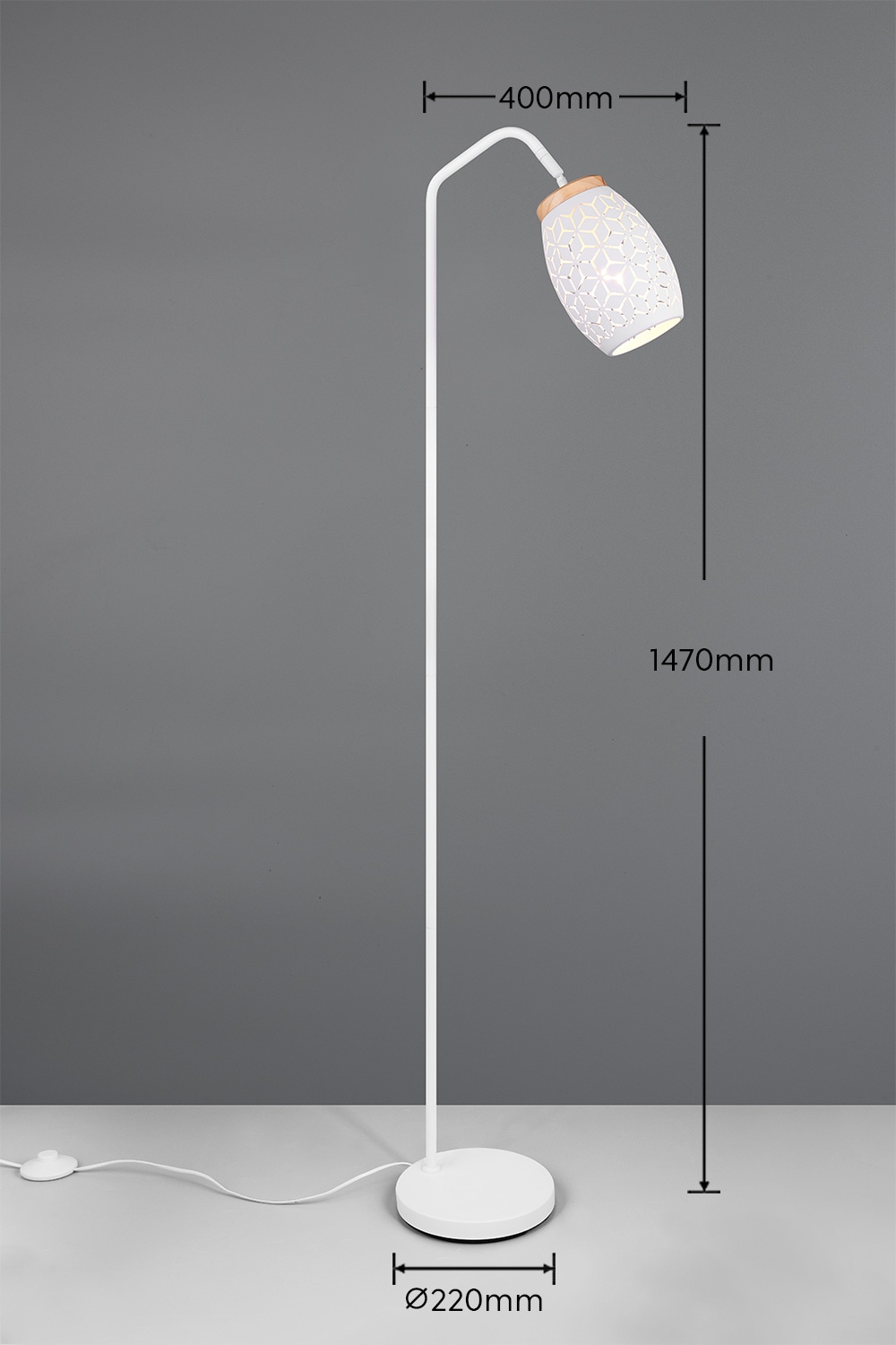 REALITY Leuchten Stehlampe »BIDAR, Stehleuchte Höhe 147 cm mit Fußschalter, exkl 1x E27 max 10W«, 1 flammig, Leuchtmittel E27 | Leuchtmittel wechselbar, Metall-Lampenschirm mit Lasercut Muster und Holz-Dekoelement
