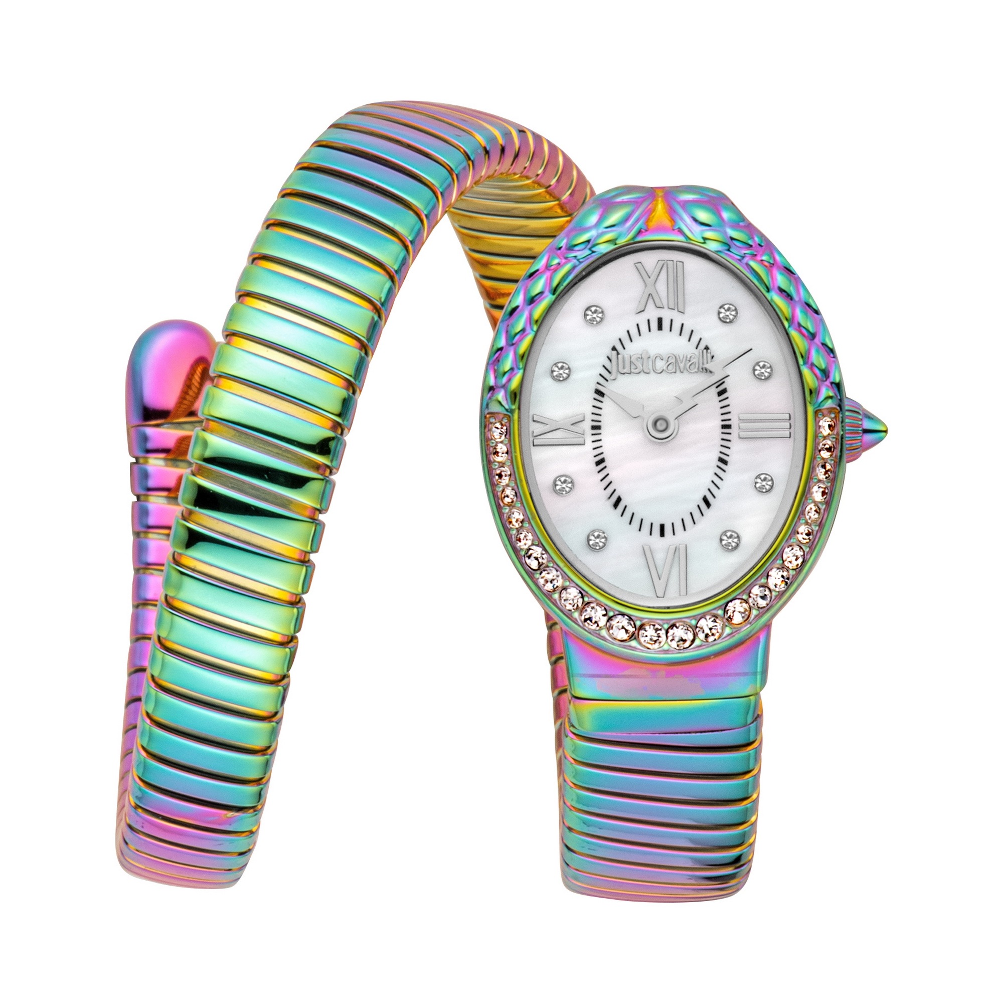 Just Cavalli Time Quarzuhr »Signature Snake« Armbanduhr, Damenuhr, Edelstahlarmband, analog, Kristallsteine