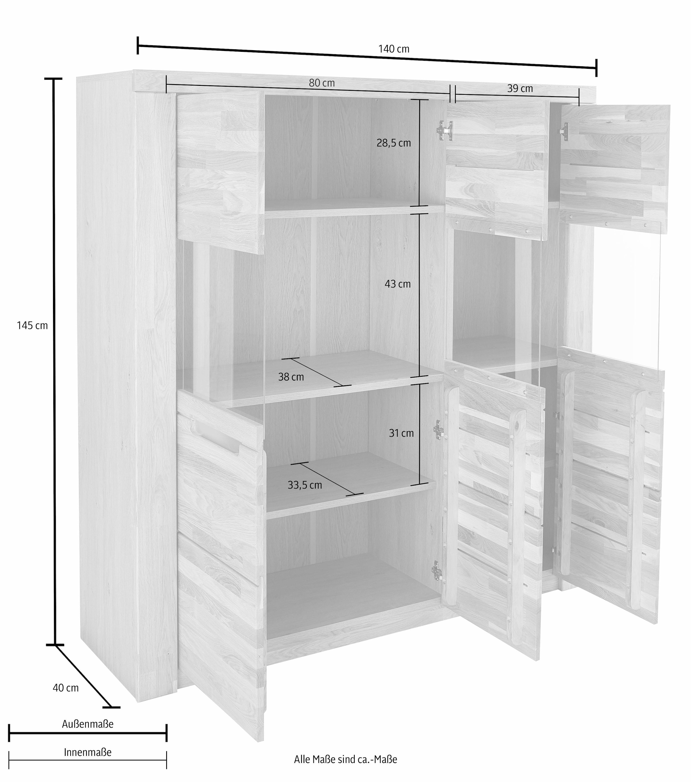 Home affaire Highboard »Kolding«, Breite 140 cm mit 3 Glastüren