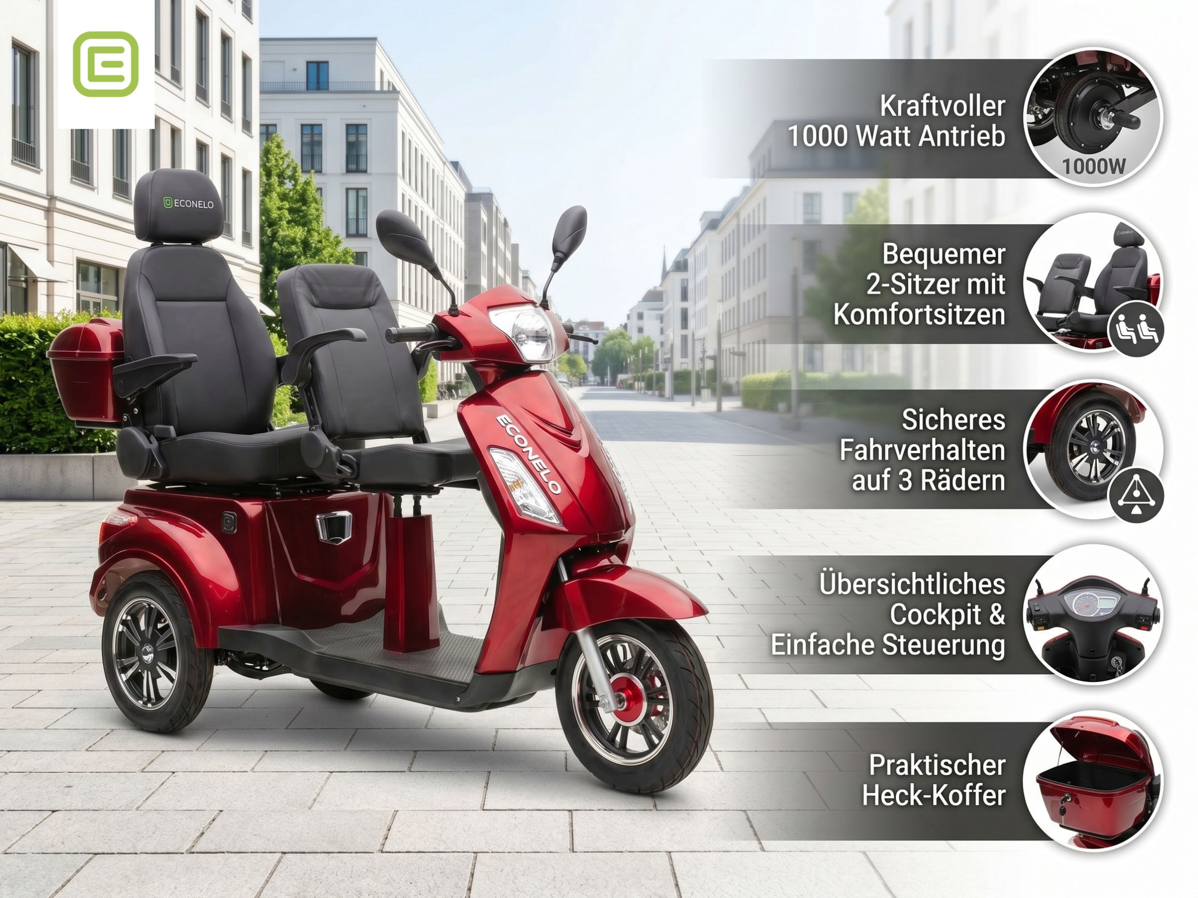 ECONELO Elektromobil 1.000 W 25 km/h Sicherheitsrollen gegen Kippen, 3 Geschwindigkeitsstufen