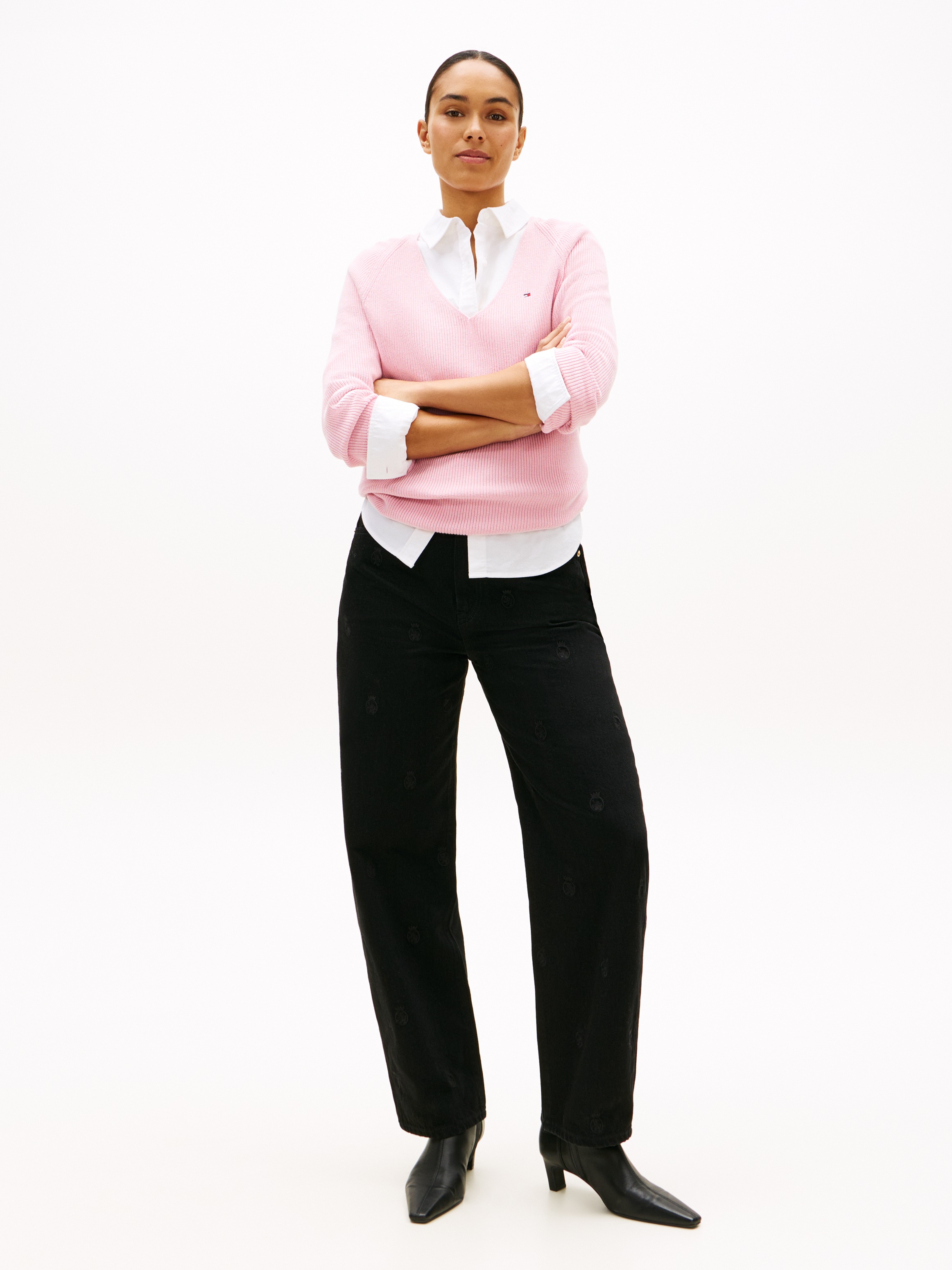 Tommy Hilfiger Strickpullover »CO CARDI STITCH V-NK LS« mit Logostickerei