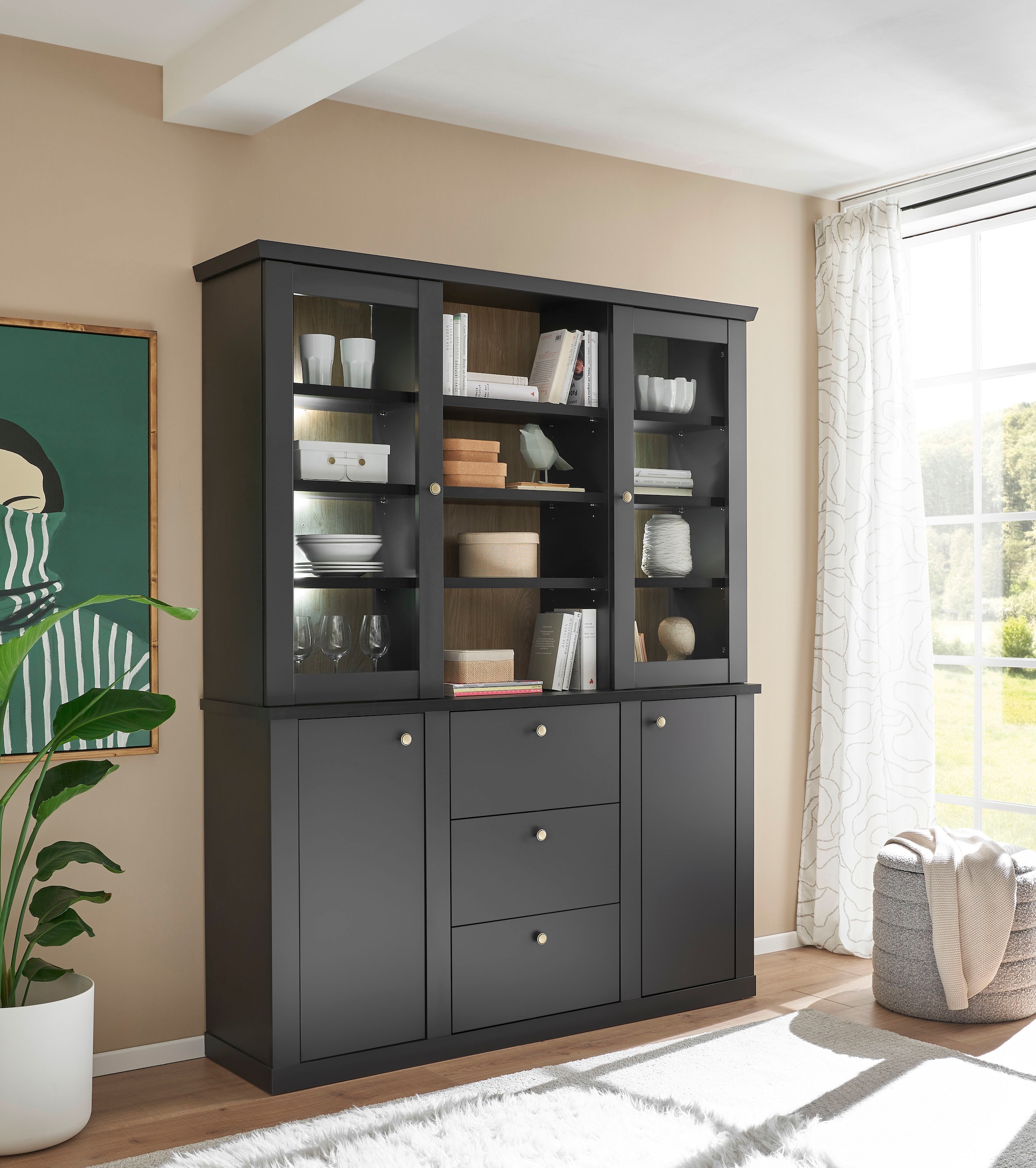 Home affaire Buffet »Lincoln, Hochschrank im Landhausstil, moderner Schrank« edles Design, messingfarbene Knopfgriffe, vielseitig einsetzbar