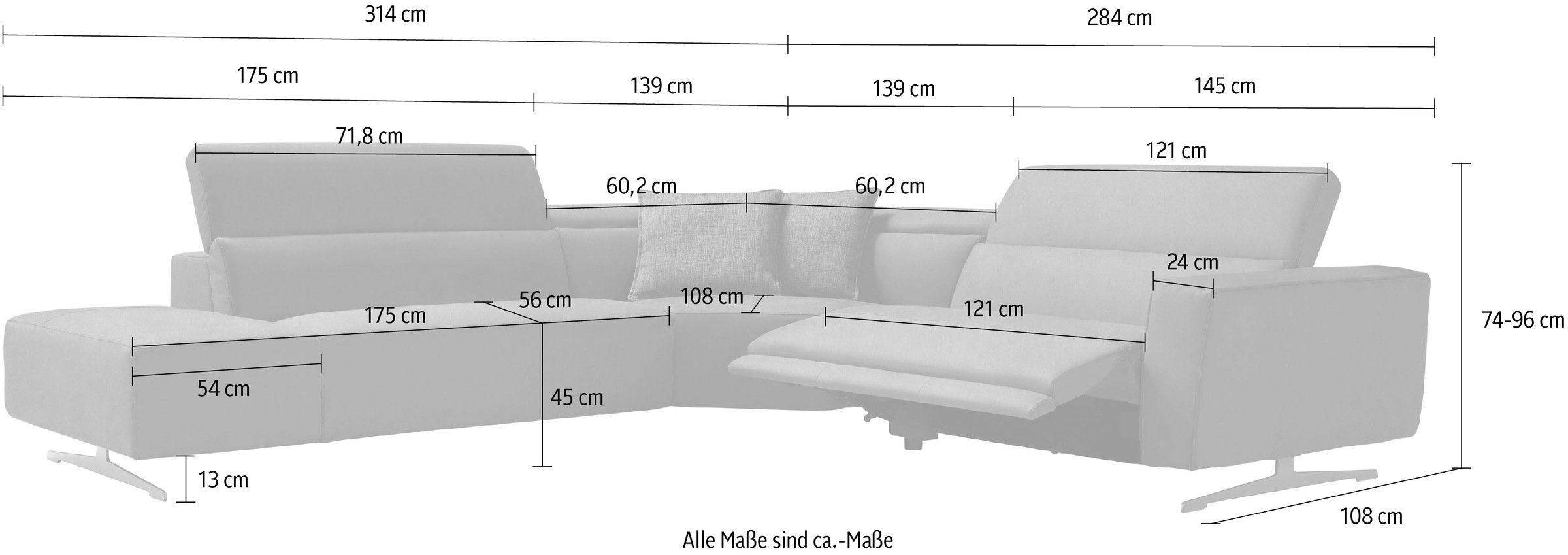 Egoitaliano Ecksofa »Stefanie-e, Designsofa der Extraklasse, bequem mit hohem Sitzkomfort« mit Relaxfunktion und verstellbaren Kopfteilelementen