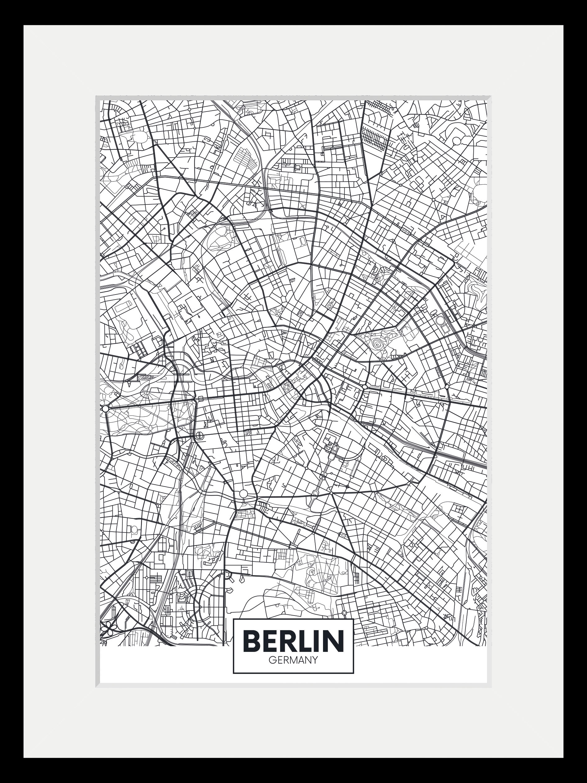 queence Bild »Berlin Stadtkarte«, Städte-Stadt-Deutschland-Berlin-Schwarz-Weiß, (1 St.), HD Premium Poster-Druck inkl. Holzrahmen