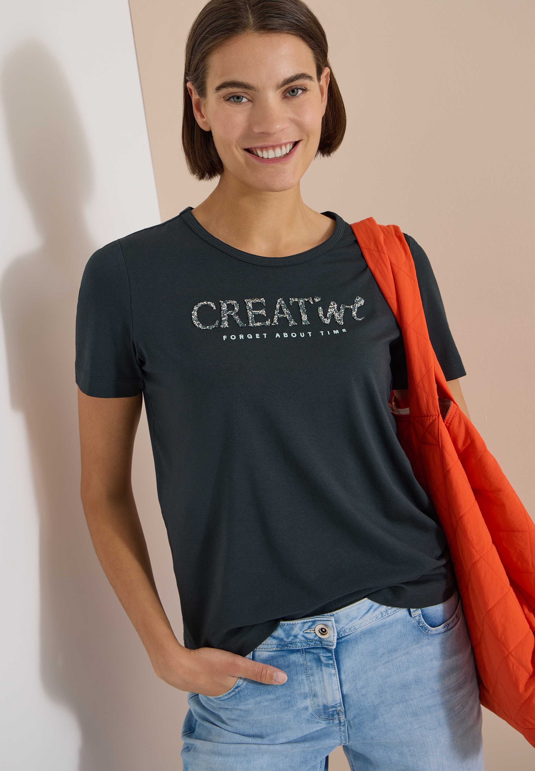 Cecil Print-Shirt Sommershirt mit Rundhals und Glitzer-Wording
