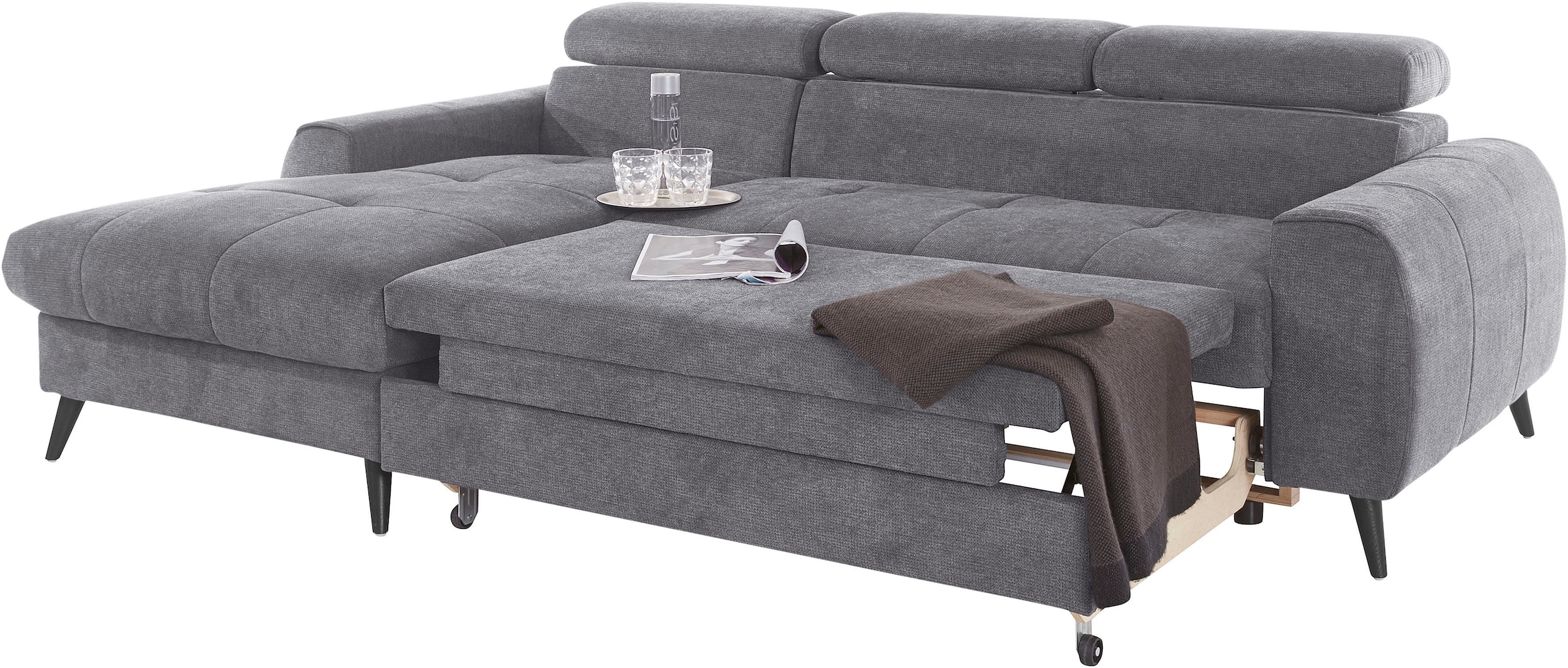 COTTA Ecksofa »Mia L-Form mit 3 Zierkissen«, wahlweise mit Bettfunktion, Bettkasten, Beleuchtung & Wireless-Charger