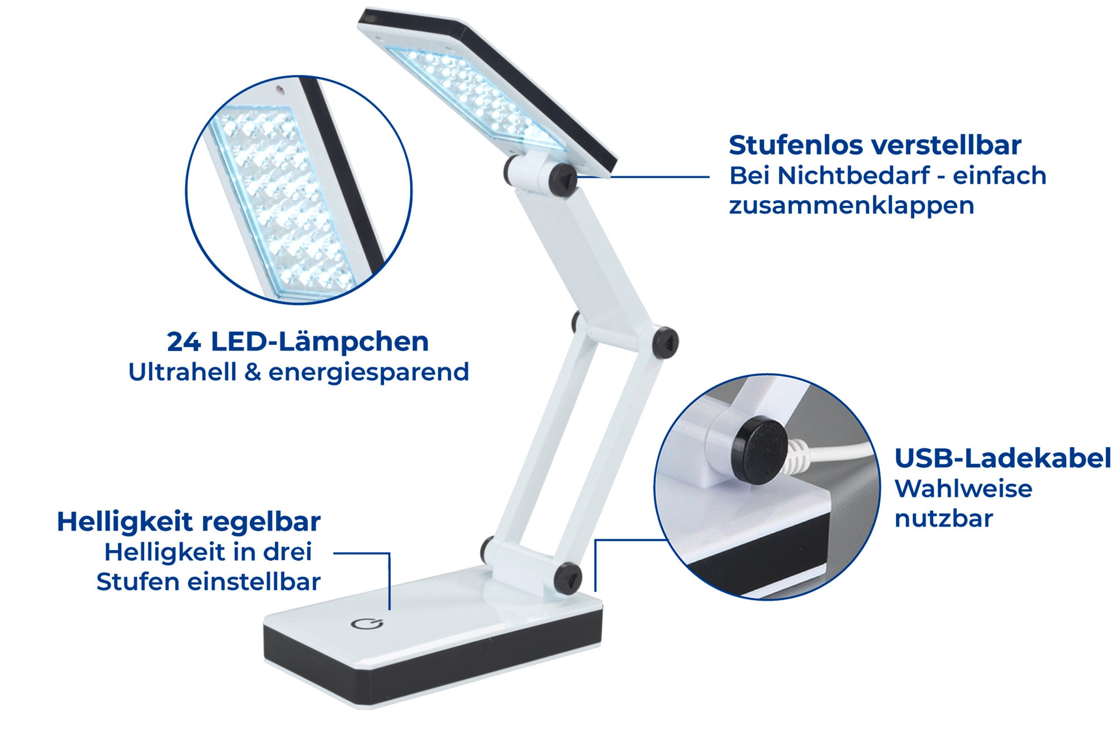 Maximex LED Schreibtischlampe »faltbar« LED-Modul 1 Stk. Neutralweiß LED Lampe, stufenlos verstellbar, USB-Port oder Batteriebetrieb