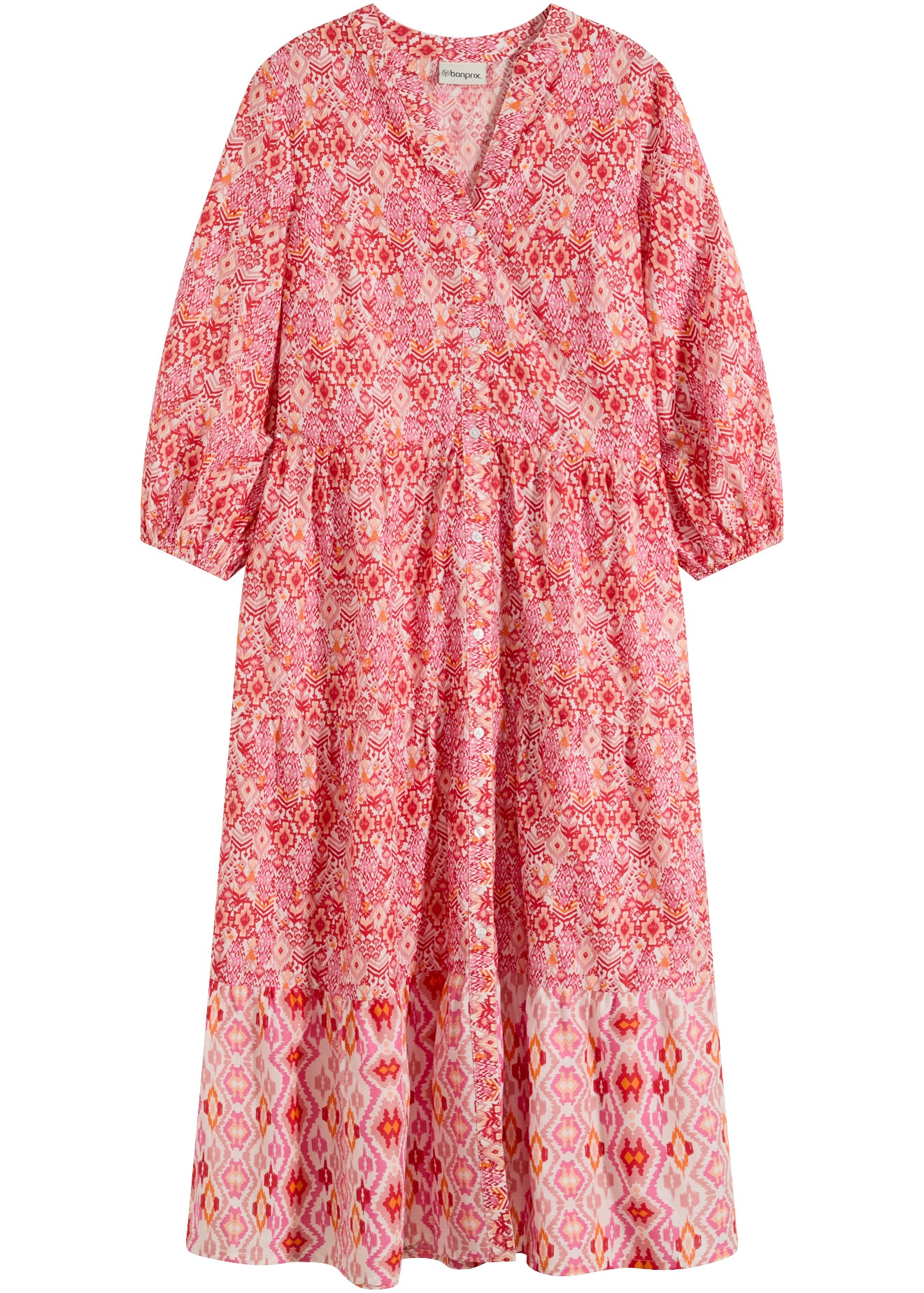 bonprix Midikleid aus Baumwolle, taillierte Passform, mit 3/4-Ärmeln, ohne Kragen