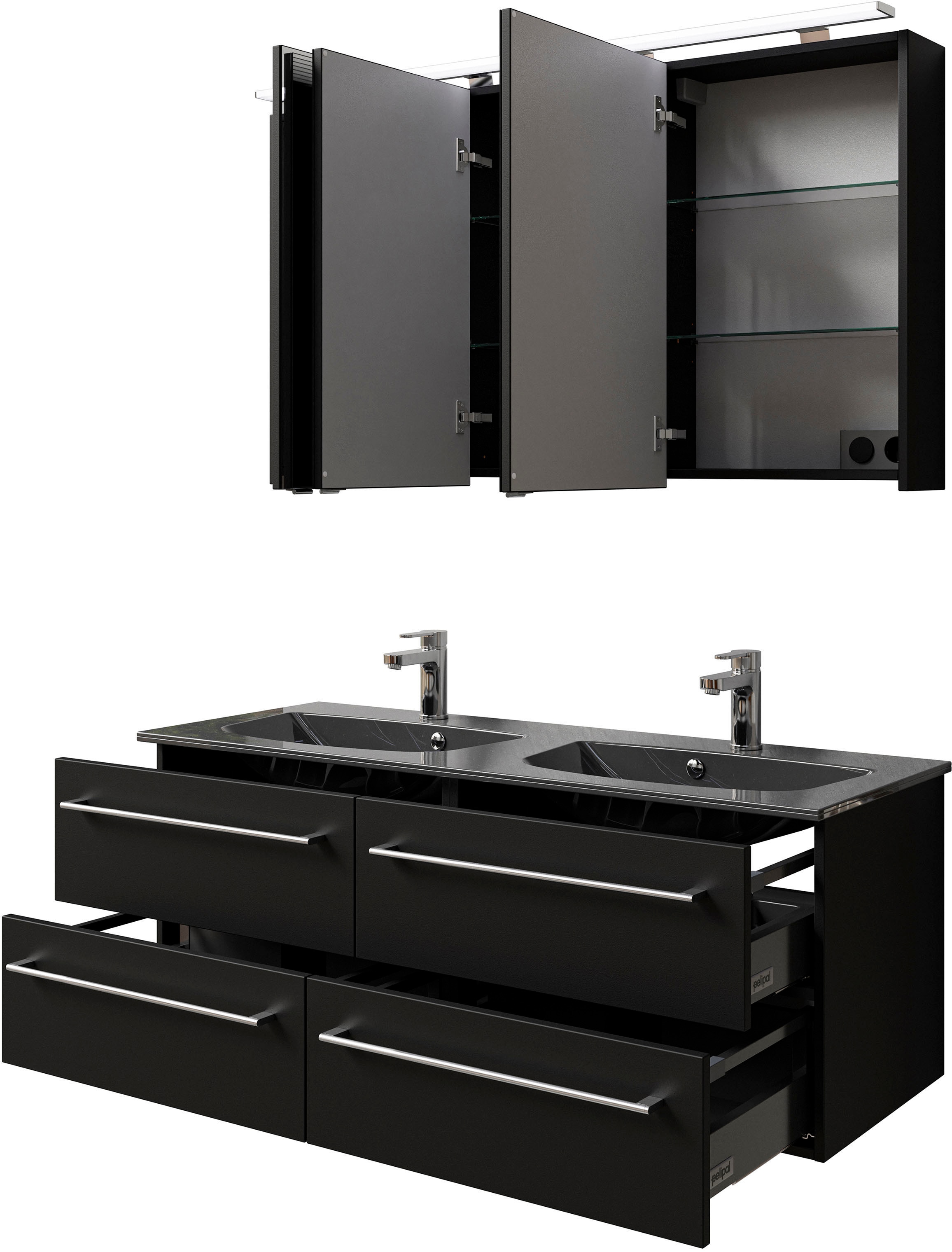 Saphir Badmöbel-Set »Serie 6025 2-teilig Mineralmarmor-Waschtisch mit LED-Spiegelschrank«, (2 St.), Waschplatz 132cm breit, 4 Schubladen, 2 Spiegel-Türen, inkl Türdämpfer