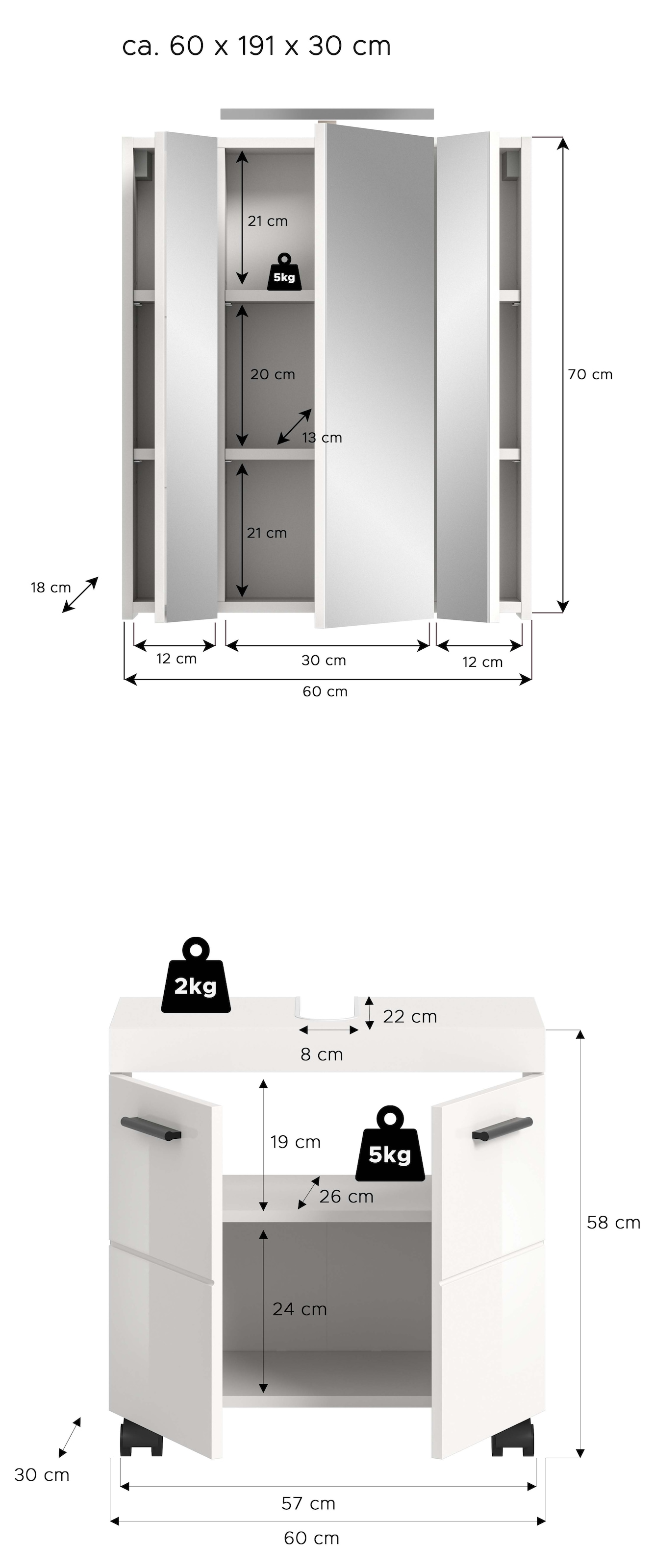 welltime Badmöbel-Set »AVON, Breite 60 cm, 2-tlg. Bad-Kombi auf Rollen, inkl. Beleuchtung« best. aus: Waschbeckenunterschrank & Spiegelschrank inkl. Beleuchtung, 2 Stk. tlg.