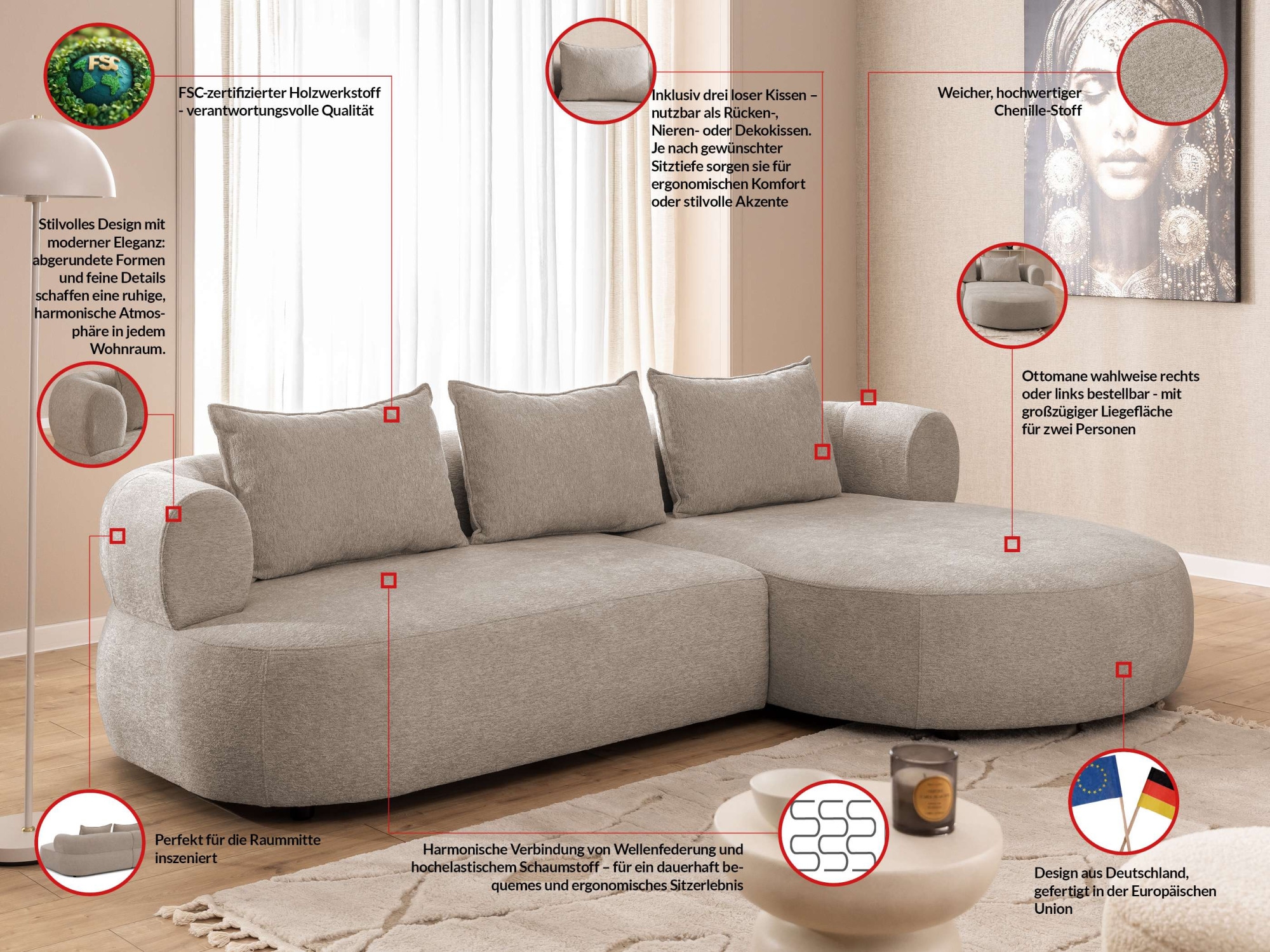 Home affaire Ecksofa »LUSSAC L-Form Design-Sofa mit Zierkissen, Maße B/T/H: 257/159/78 cm« hoher Sitzkomfort und modernes Design, Sofa ohne Bettfunktion
