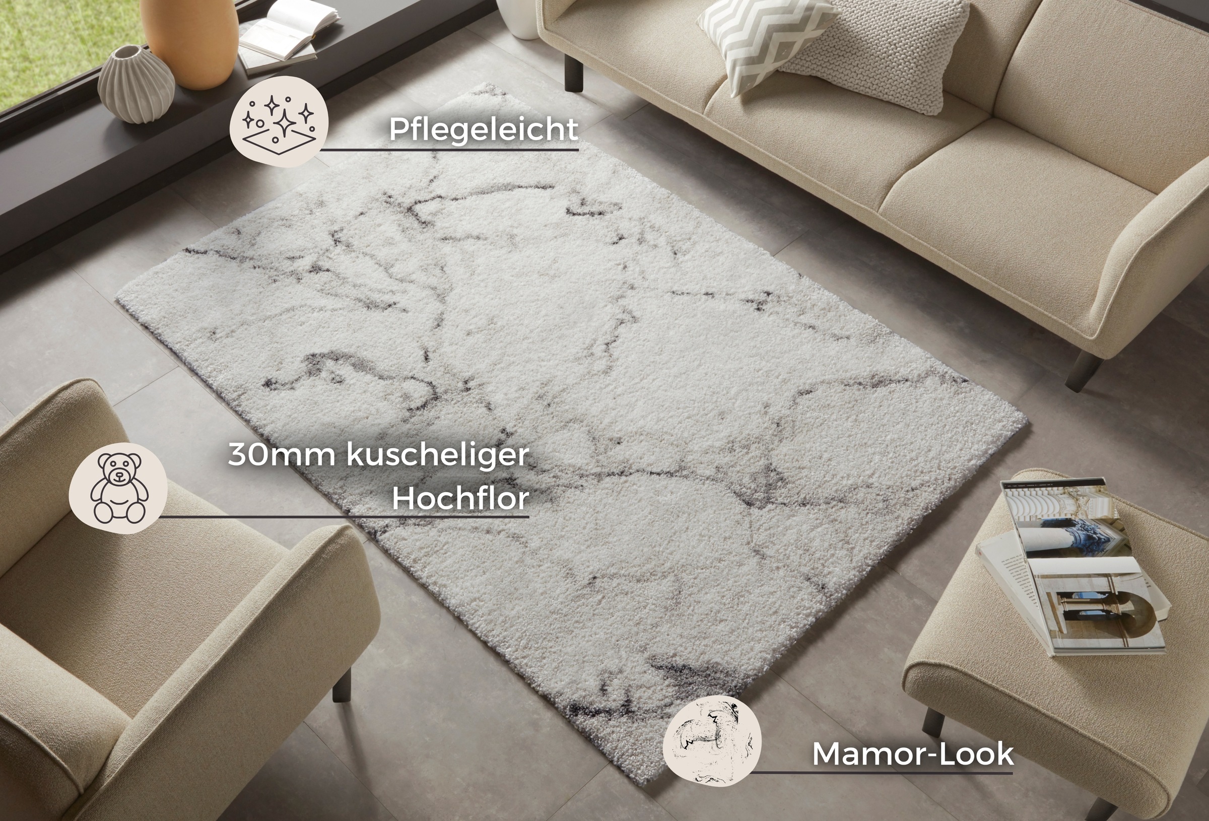 HANSE Home Hochflor-Teppich »MAYRIN«, rechteckig, 30 mm Höhe, Hochflor, Teppich, Shaggy, Flokati, Weich, Marmor-Optik, Wohnzimmer