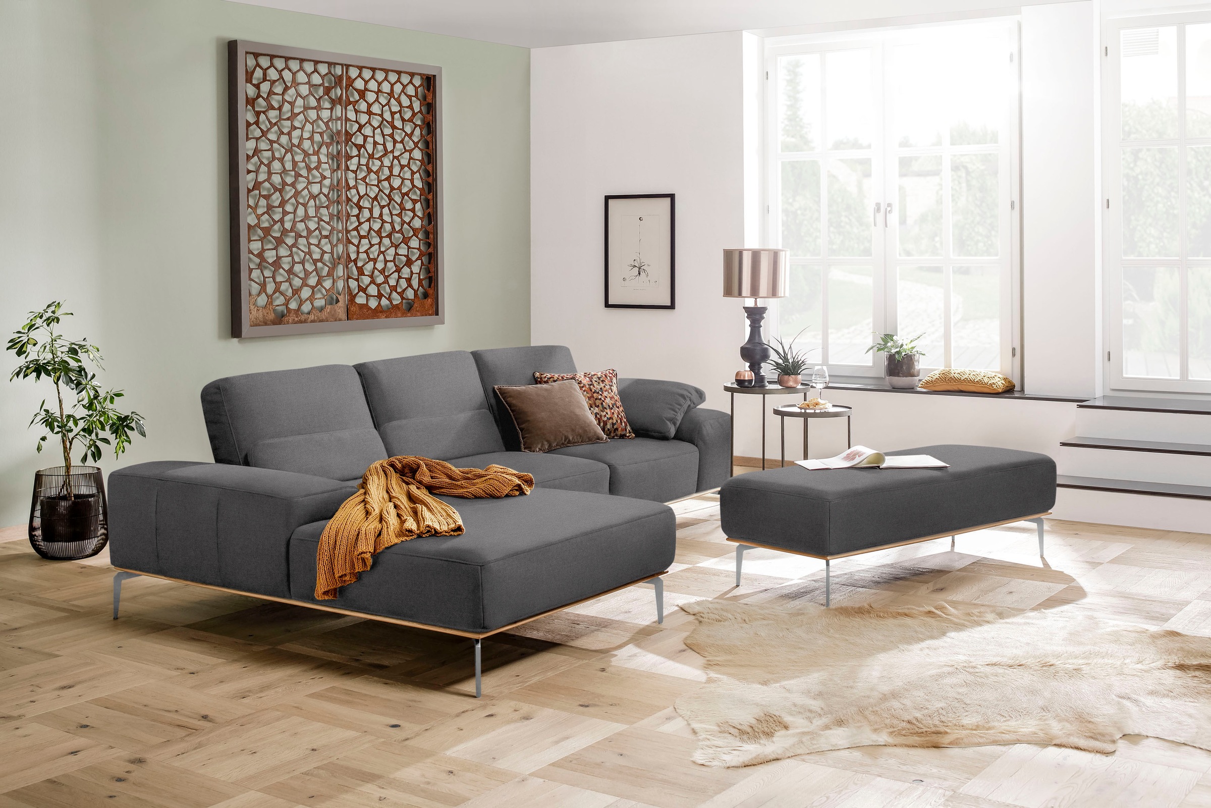 W.SCHILLIG Polsterhocker »run«, mit elegantem Holzsockel, Füße in Chrom glänzend, Breite 150 cm