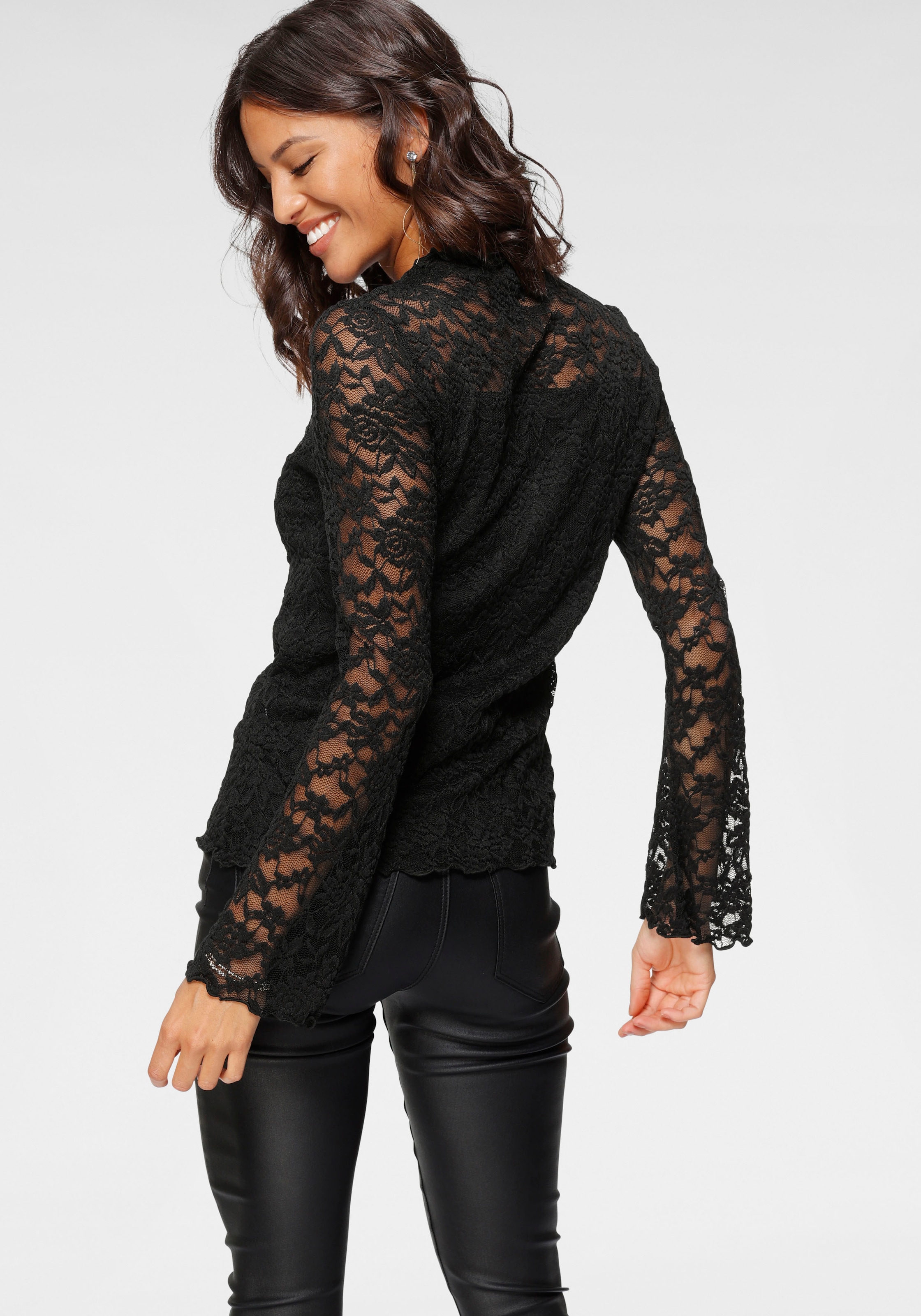 Laura Scott T-Shirt Langarm,  figurbetonter Schnitt,  Tulpenärmel,  Stehkragen