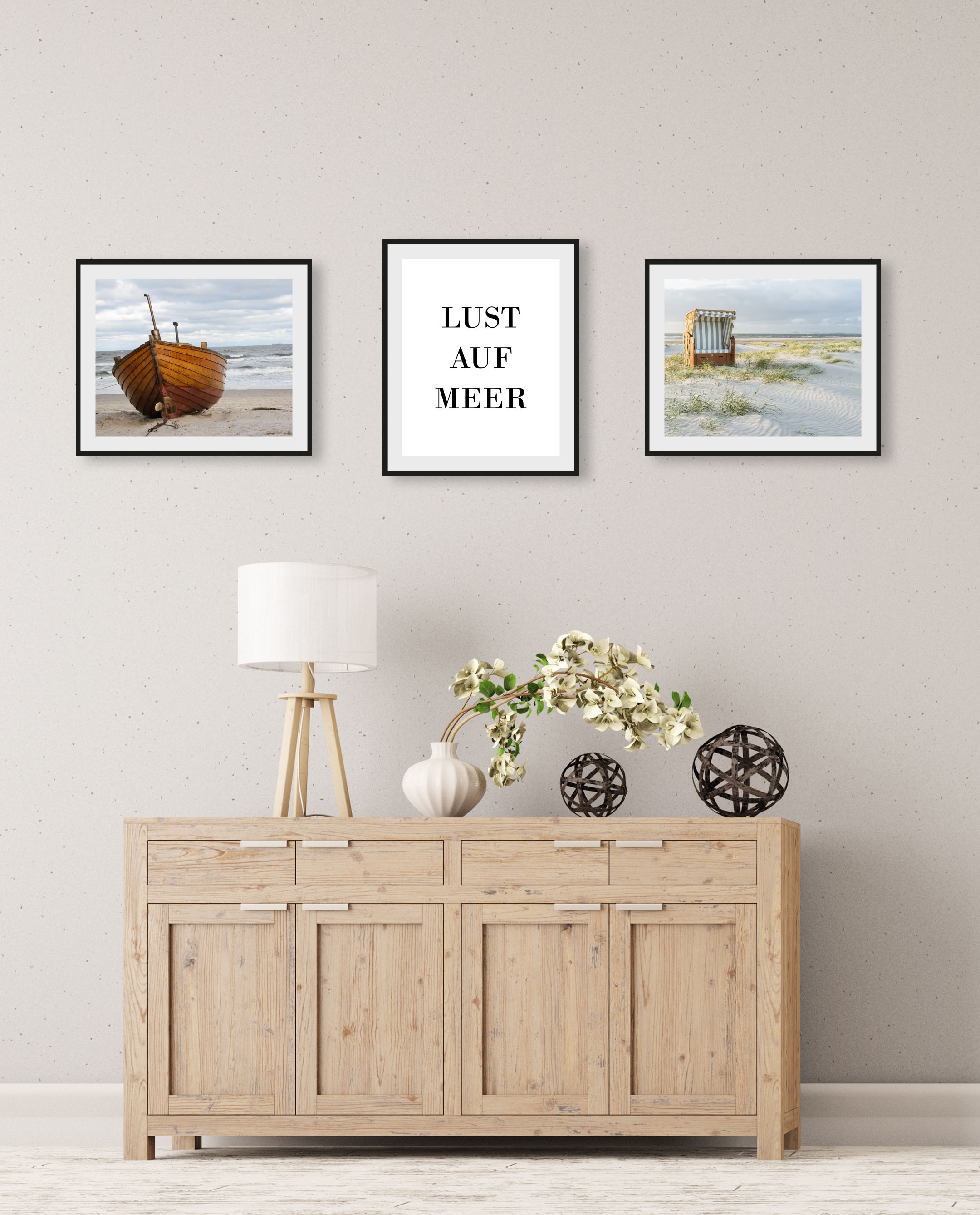 queence Bild »Lust auf Meer und Sylt«, Strand-Deutschland-Schriftzug-Meer-Meer Bilder-Schiffe-Bilder von Booten & Schiffen, (3 St.), HD Premium Poster-Druck inkl. Holzrahmen - 3er Set
